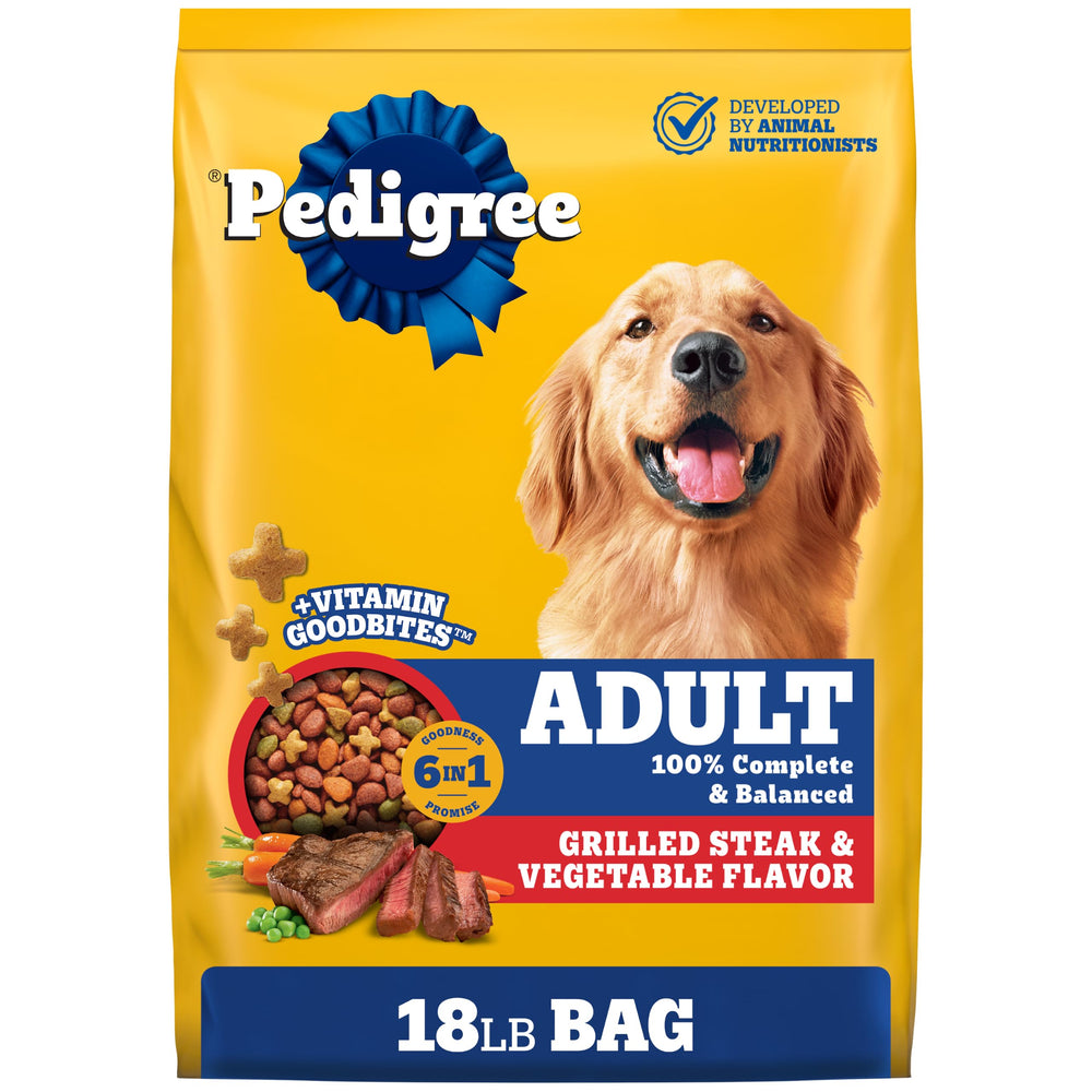 Pedigree bolsa frontal 18 lb mostrando fórmula complete nutrition y beneficios