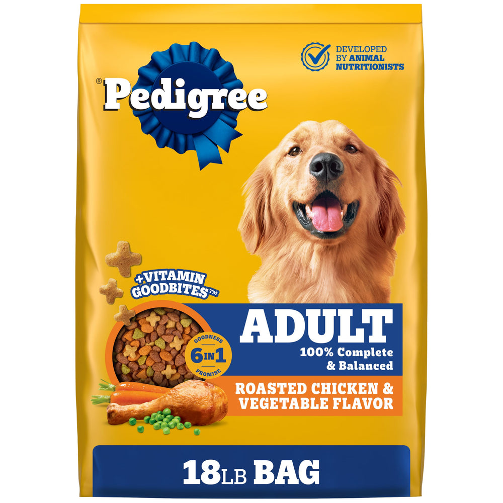 Pedigree paquete frontal mostrando pollo y vegetales, facilita elección nutricional