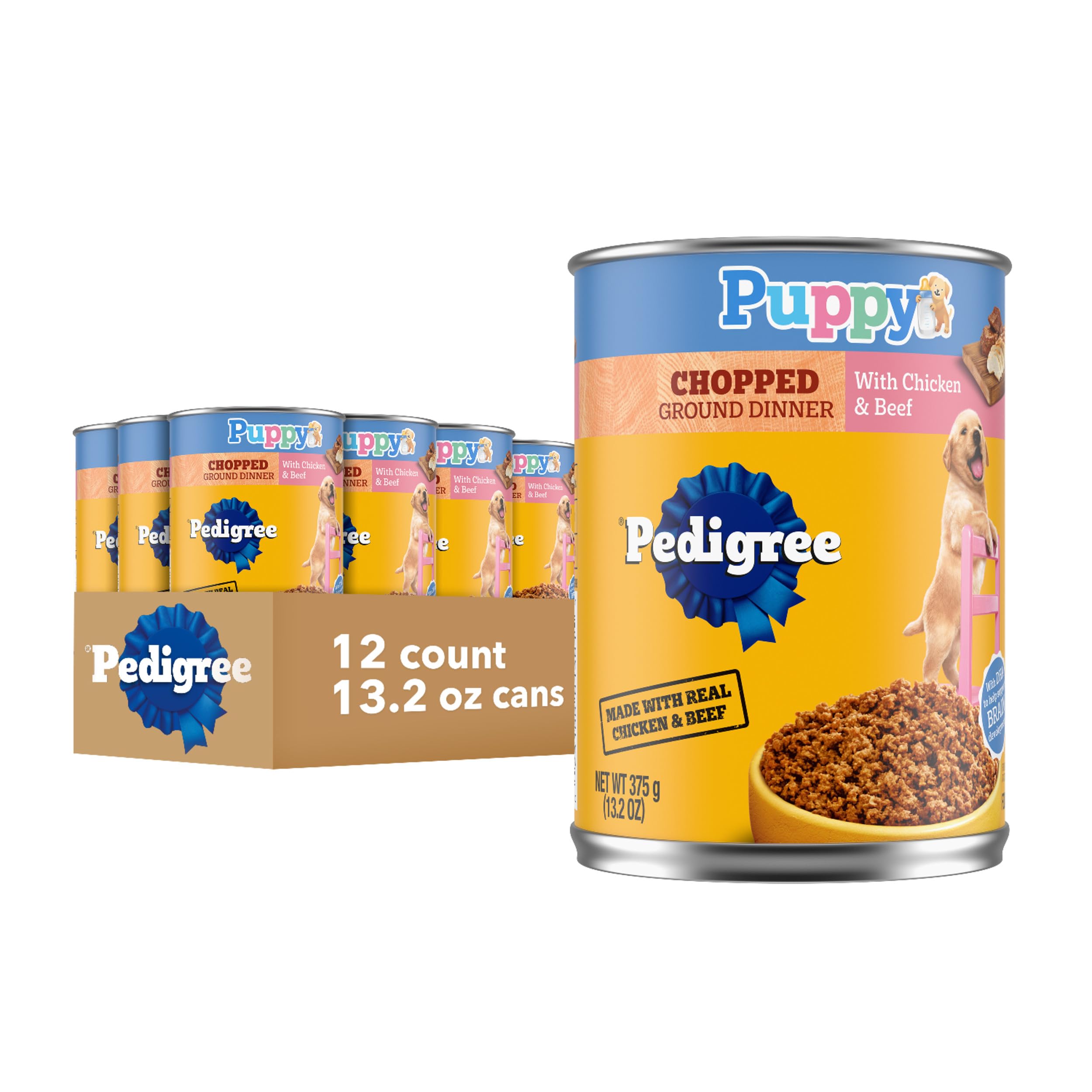 Pedigree front packaging showing chicken and beef and puppy-friendly benefits