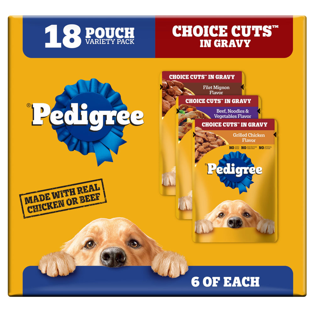 Pedigree sobre frente mostrando empaque práctico y nutrición clara