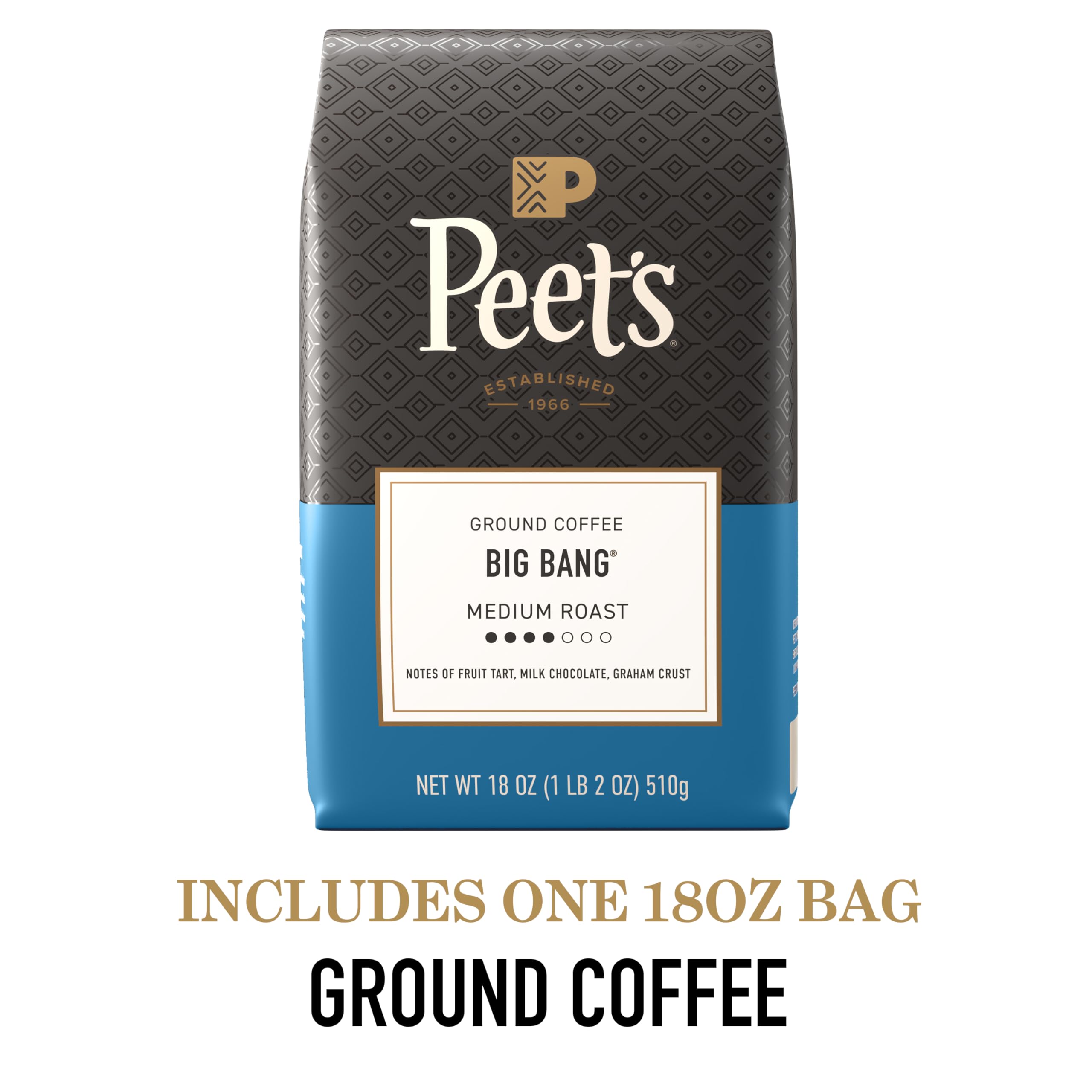 Peet's Coffee etiqueta Big Bang en primer plano que destaca el nombre y origen
