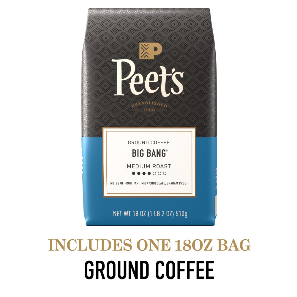 Peet's Coffee etiqueta Big Bang en primer plano que destaca el nombre y origen