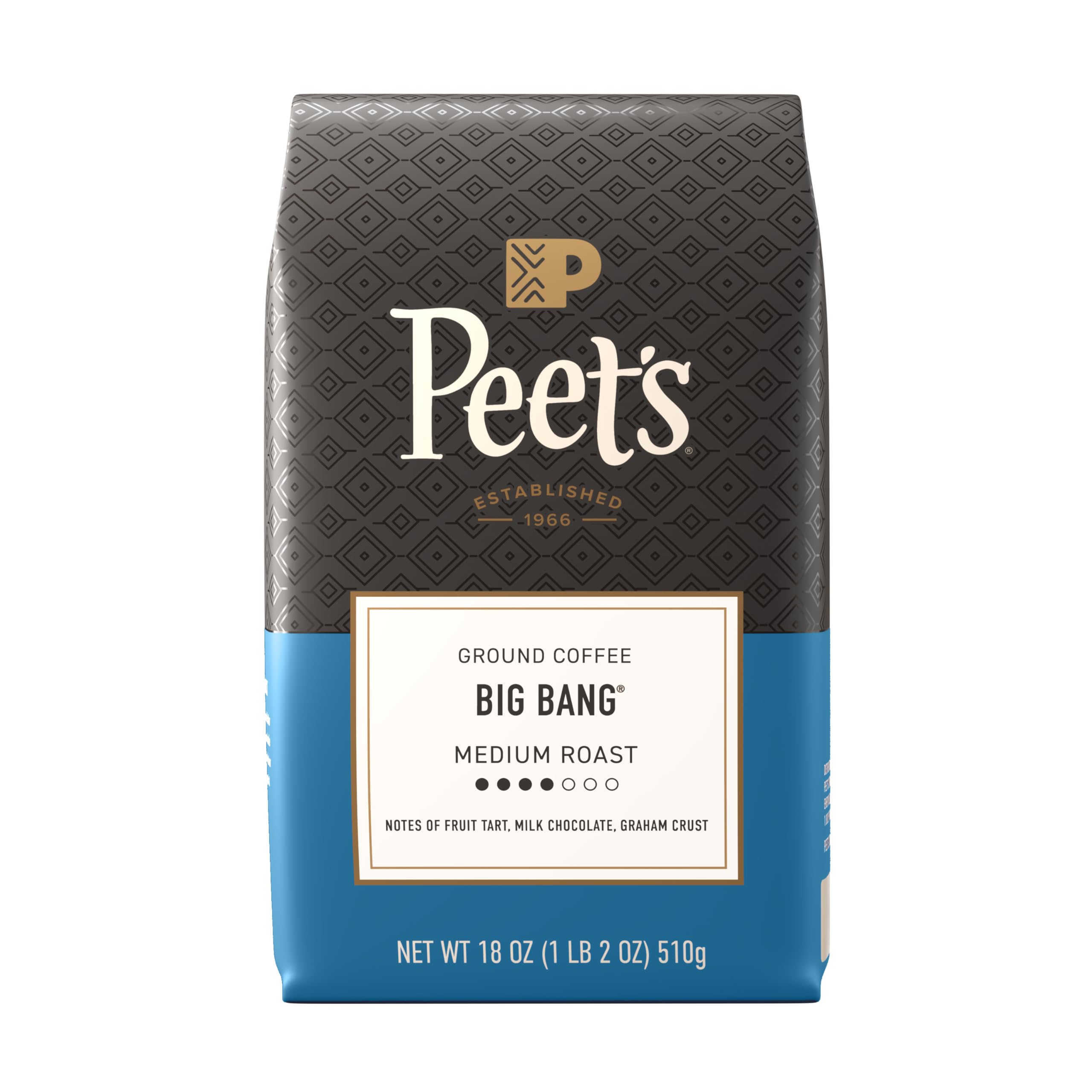 Peet's Coffee empaque Big Bang al frente mostrando bolsa de 18 onzas, atractivo visual