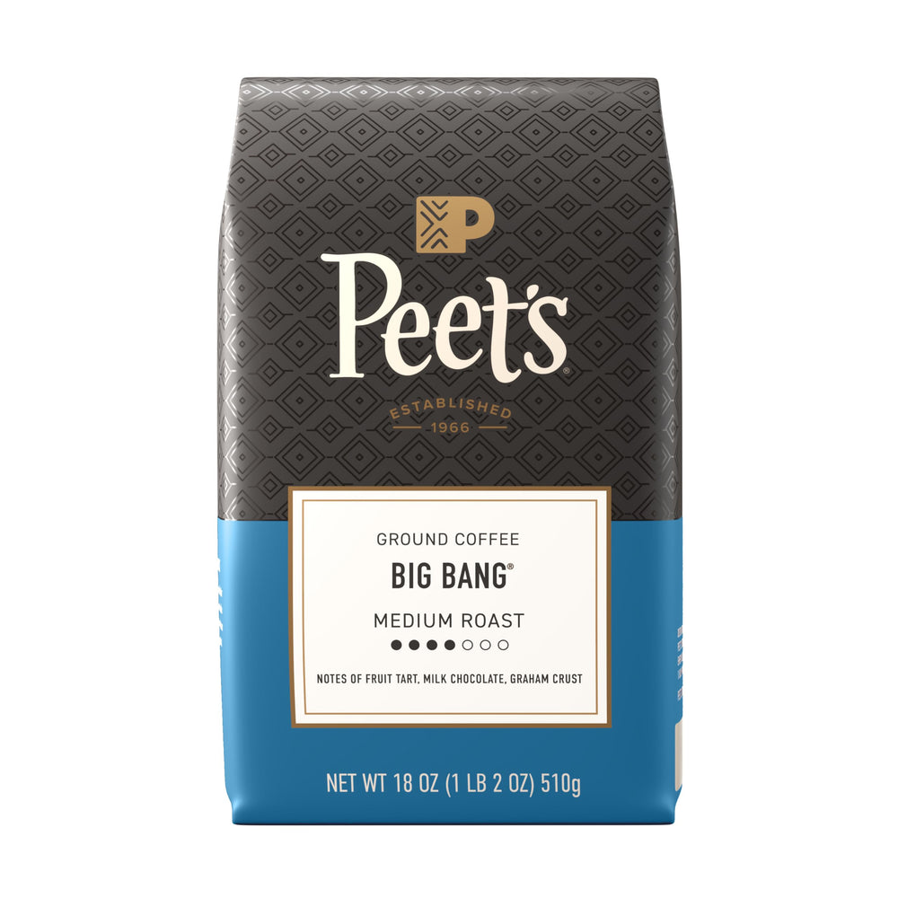 Peet's Coffee empaque Big Bang al frente mostrando bolsa de 18 onzas, atractivo visual