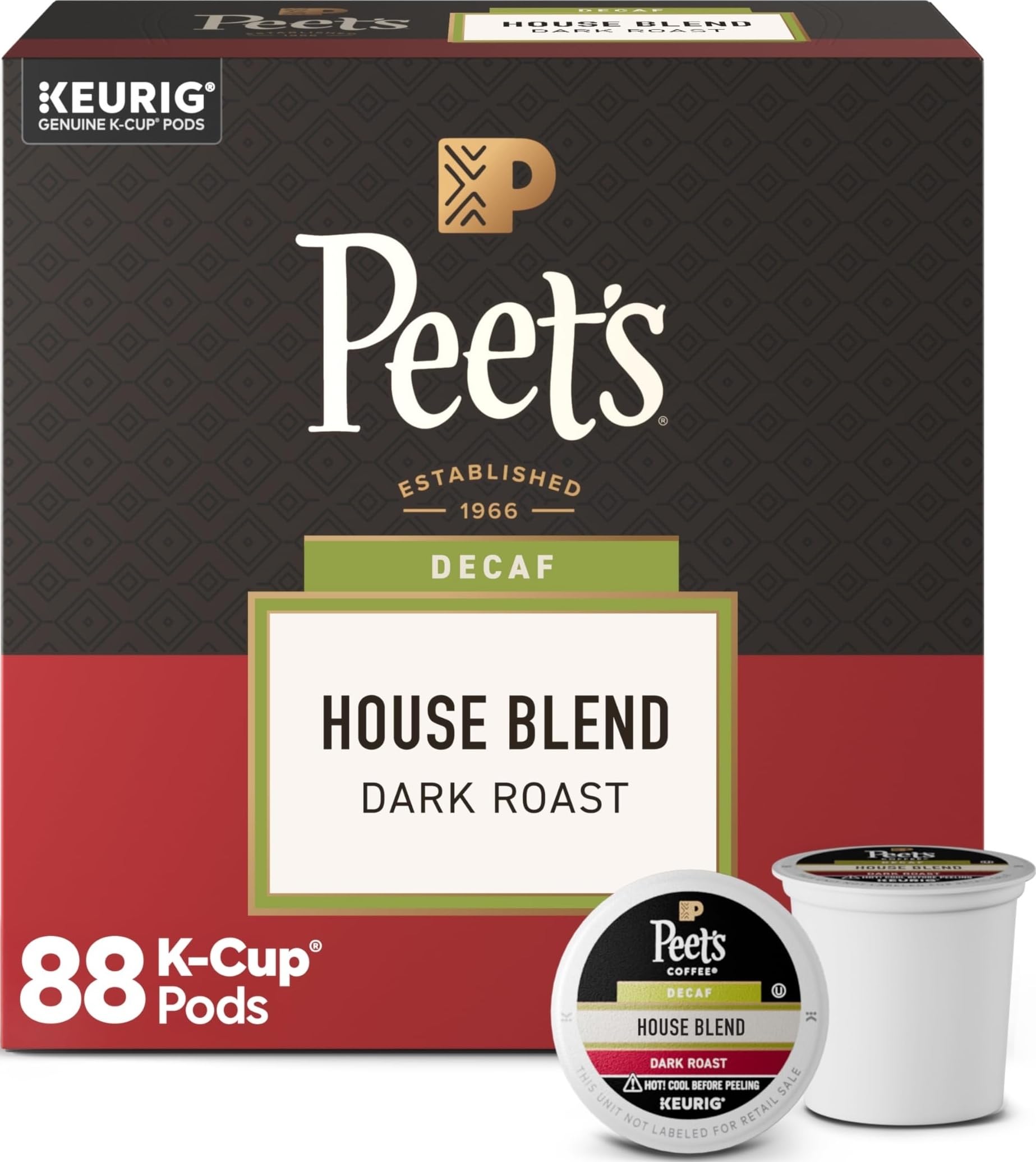 Peet's Coffee caja frontal de K-Cup descafeinado muestra diseño y conveniencia