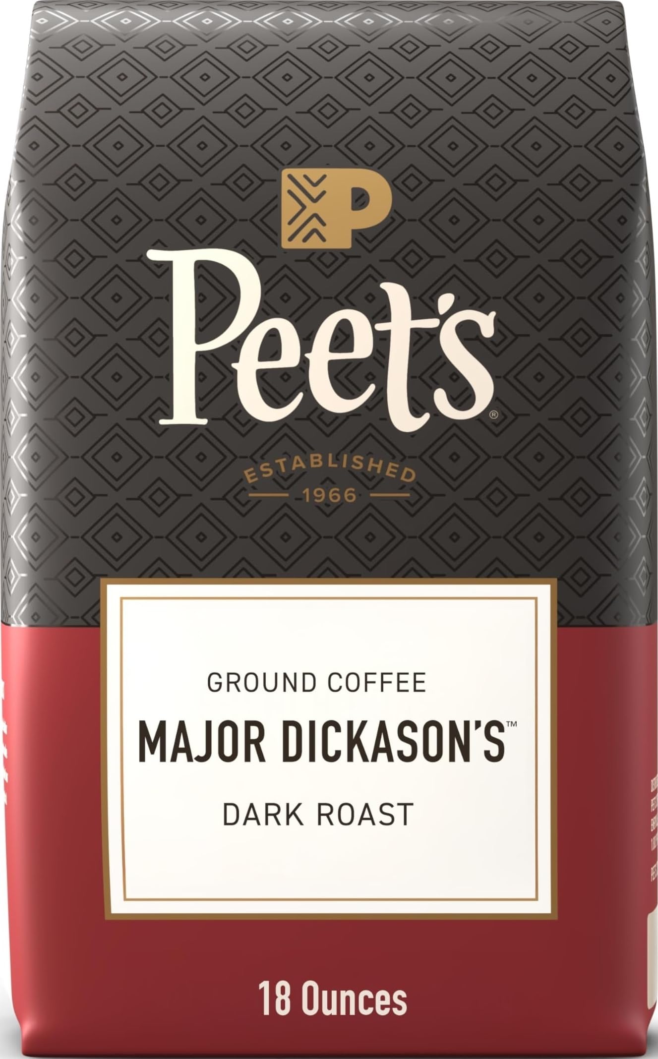 Peet's Major Dickason's bolsa al frente mostrando el empaque y beneficios de tueste