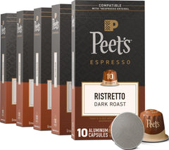 Peet's Coffee frente del paquete mostrando 5 cajas y 50 cápsulas, conveniencia y diseño