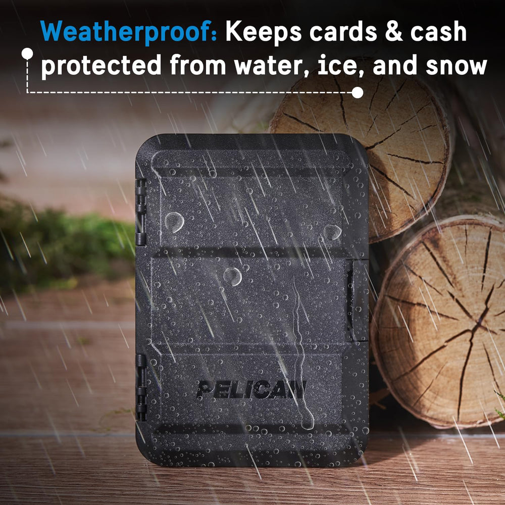 Pelican cartera en uso adherida a iPhone mostrando fácil acceso a tarjetas