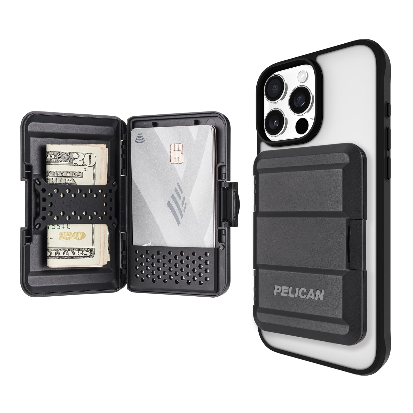 Pelican cartera MagSafe frontal mostrando diseño slim y sujeción segura