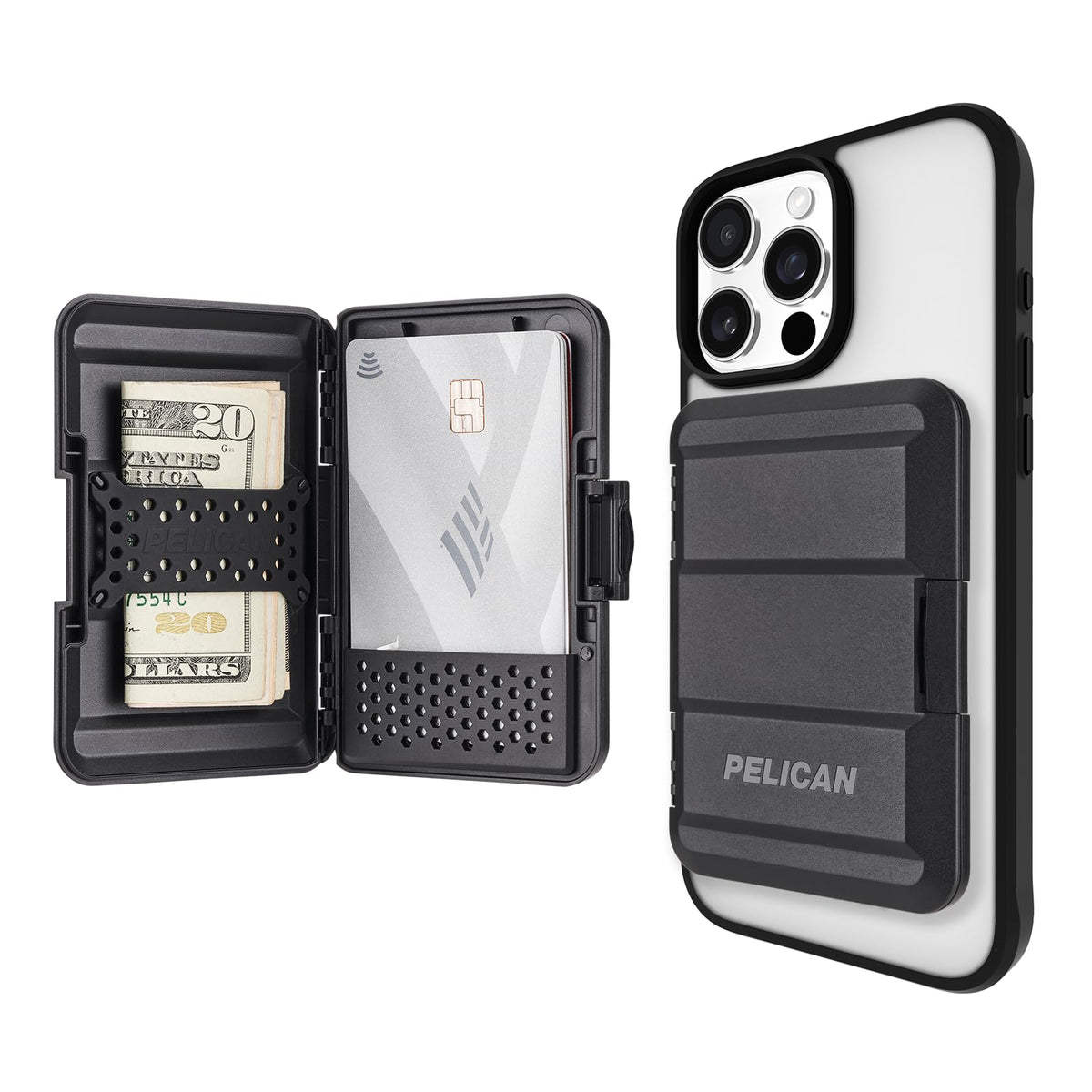 Pelican cartera MagSafe frontal mostrando diseño slim y sujeción segura