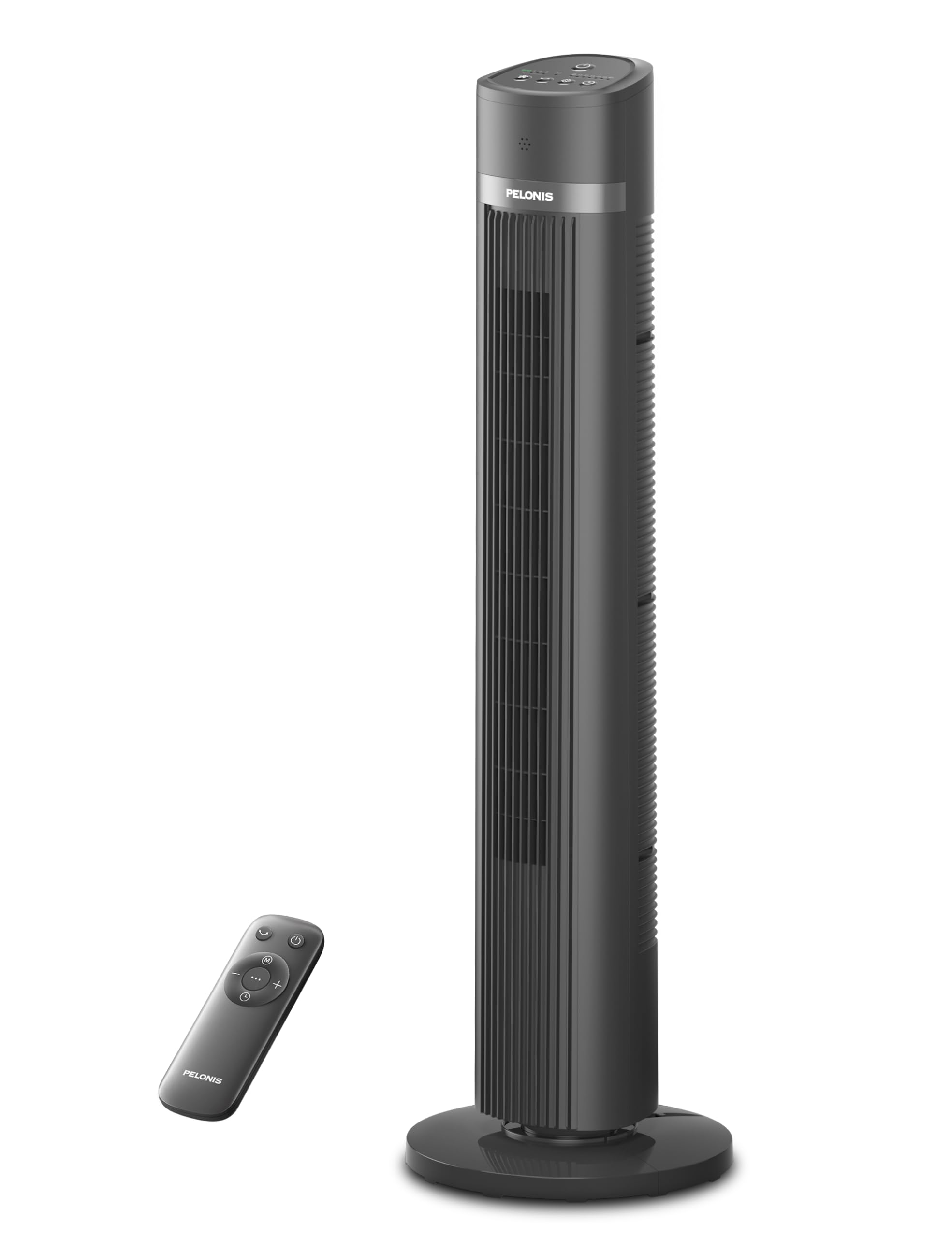 PELONIS vista frontal del ventilador torre en gris, potencia y diseño compacto