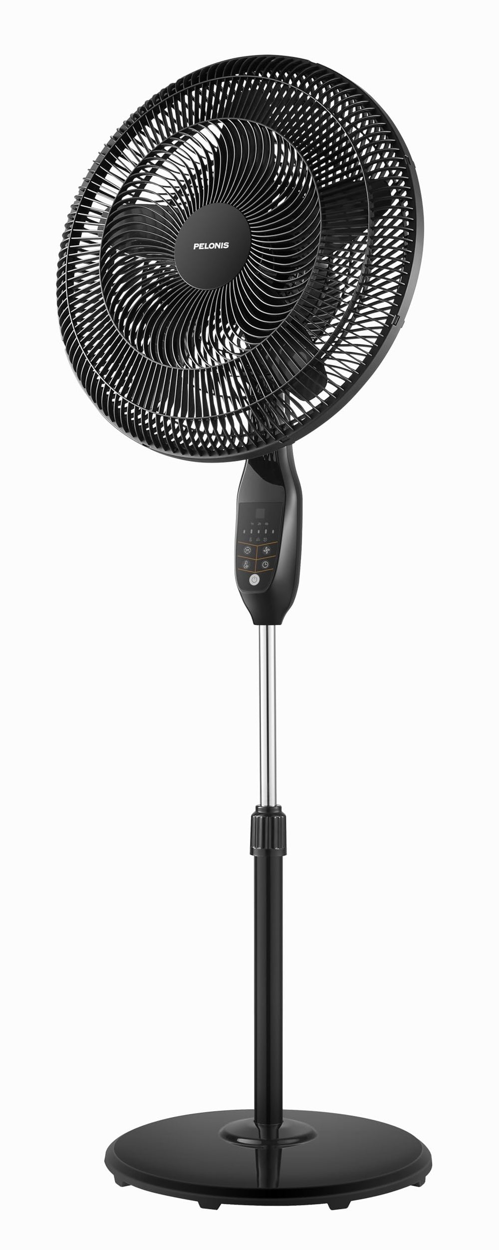 PELONIS ventilador pedestal frontal mostrando rejilla y aspas, eficiencia de flujo