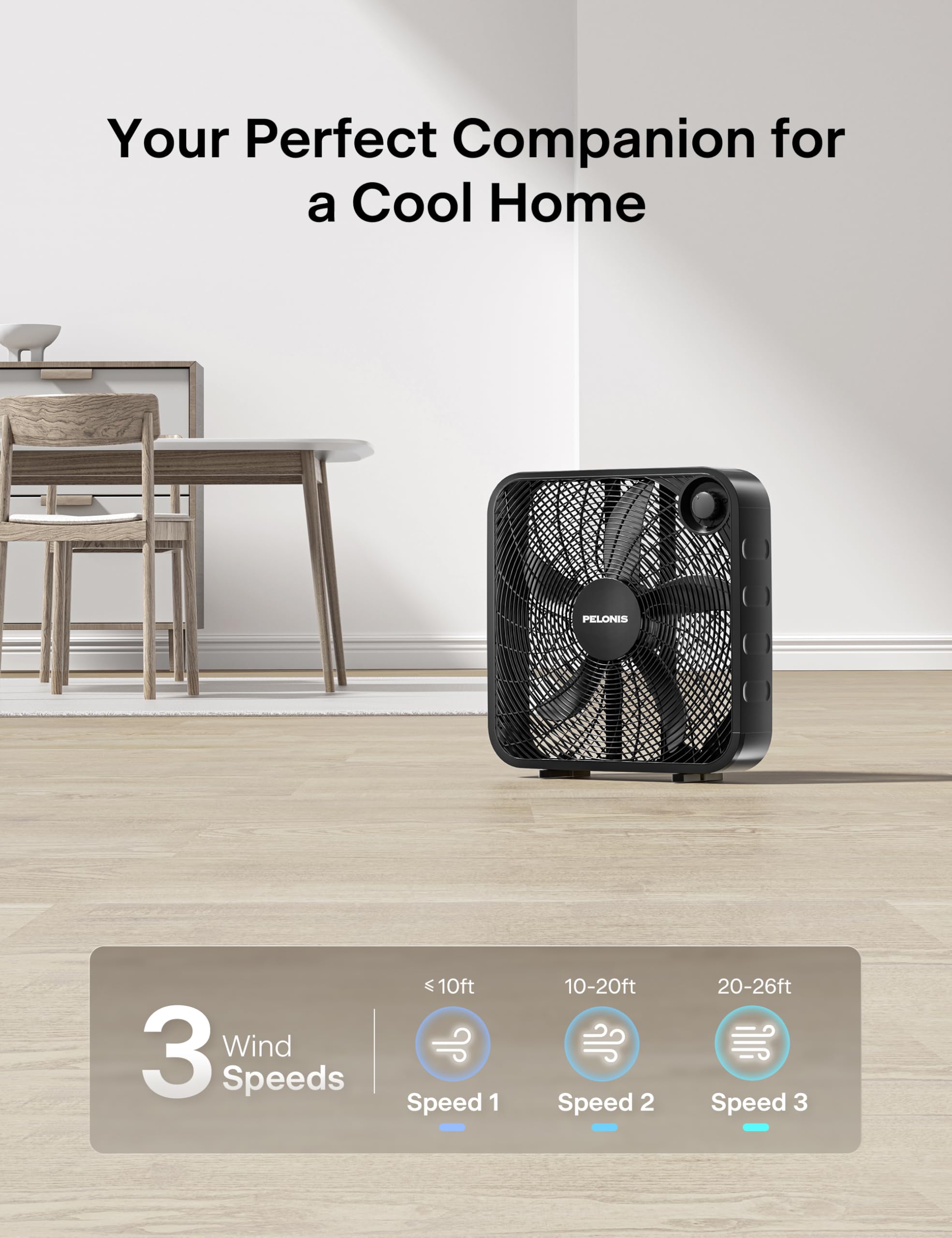 PELONIS ventilador en mesa proporcionando enfriamiento personal