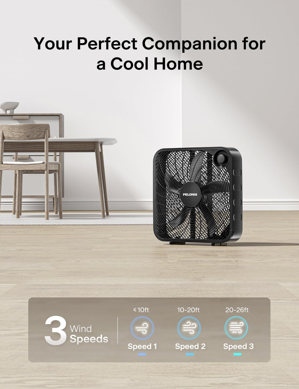 PELONIS ventilador en mesa proporcionando enfriamiento personal