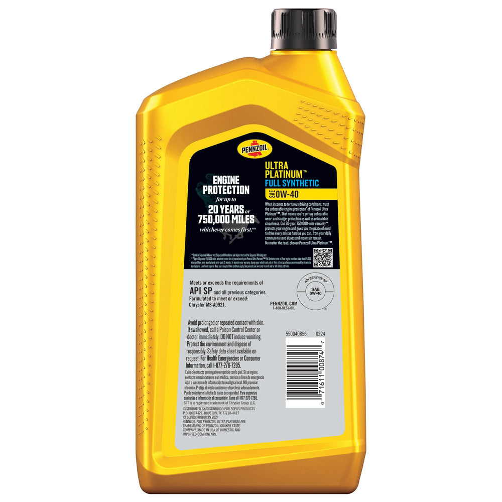 Pennzoil Ultra Platinum etiqueta con especificación 0W-40 legible y fiable