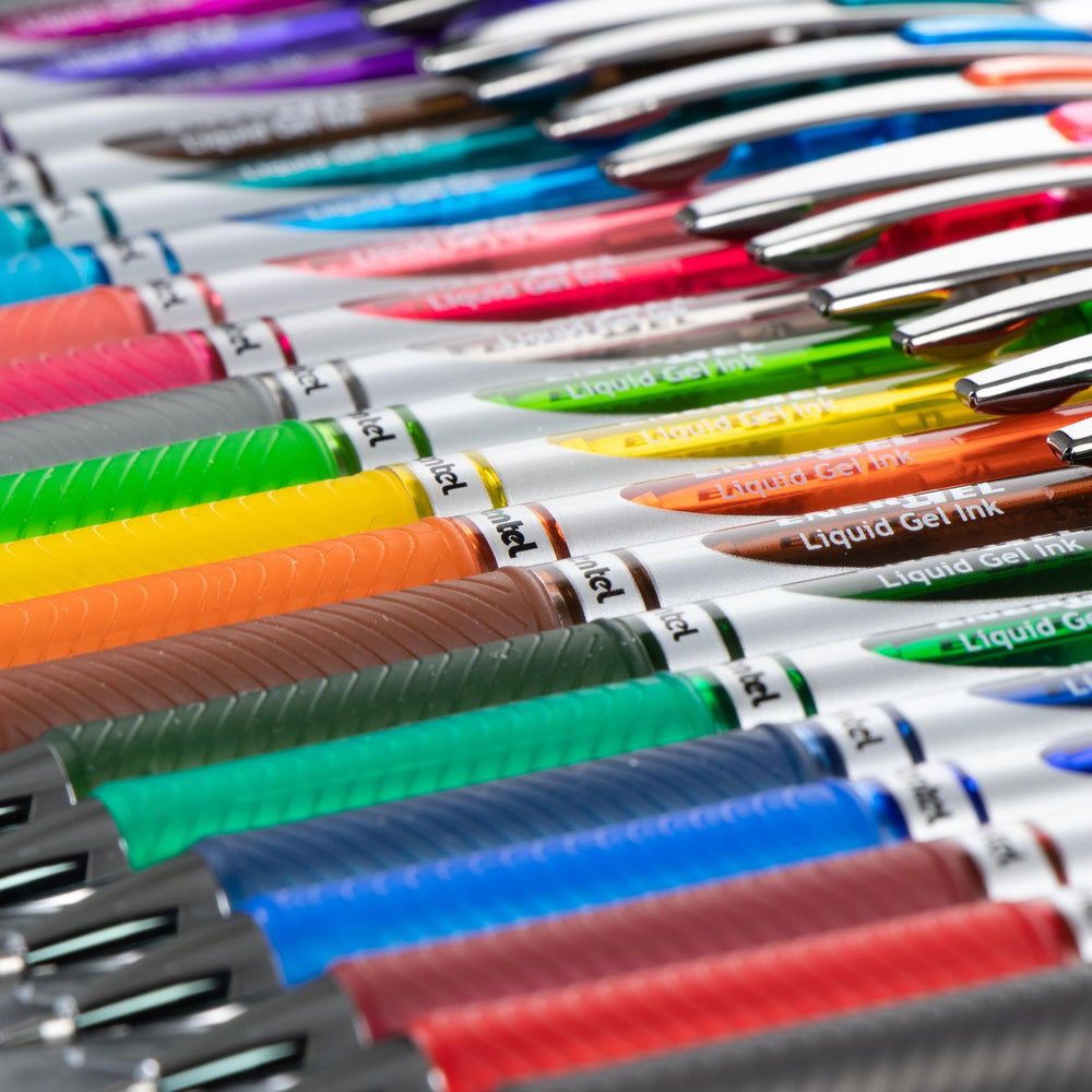 Pentel EnerGel RTX etiqueta BL77-C con información del modelo y color azul
