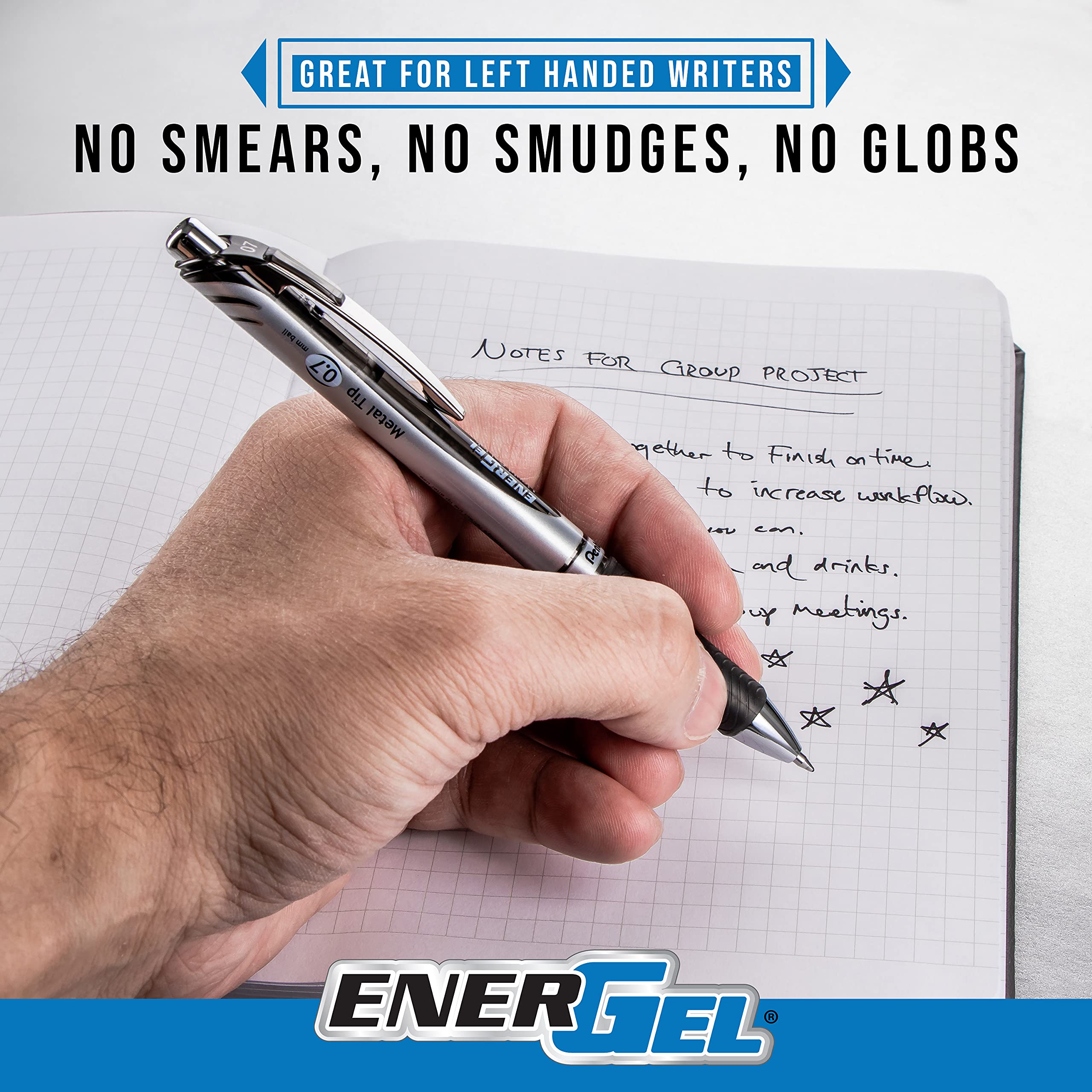 Pentel EnerGel RTX box of 12 next to a notebook showing scale and value