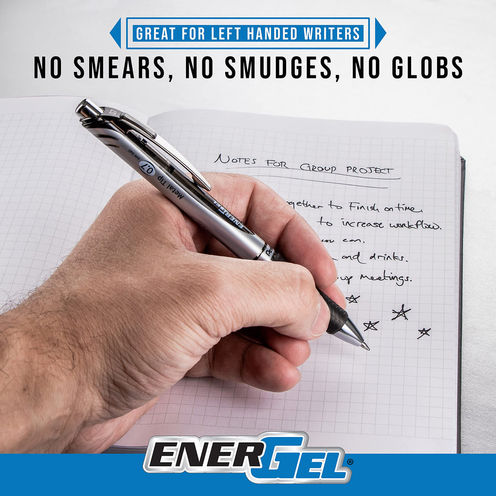 Pentel EnerGel RTX box of 12 next to a notebook showing scale and value