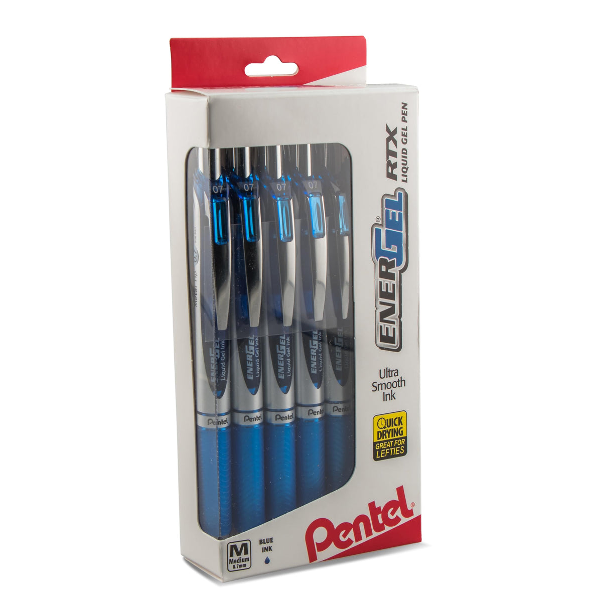 Pentel EnerGel RTX front packaging showing box of 12 pens and brand
