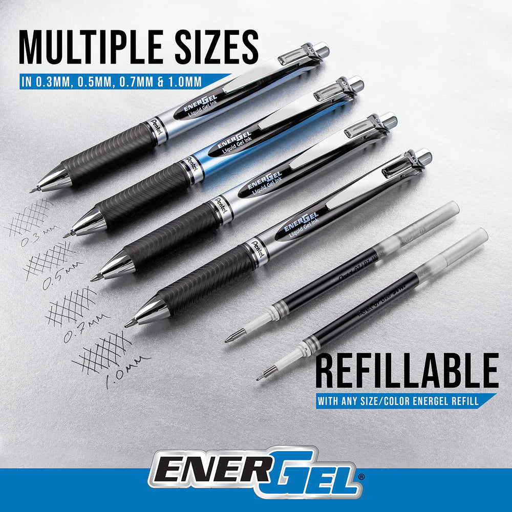 Pentel EnerGel RTX writing sample in blue ink demonstrating fast-drying benefit