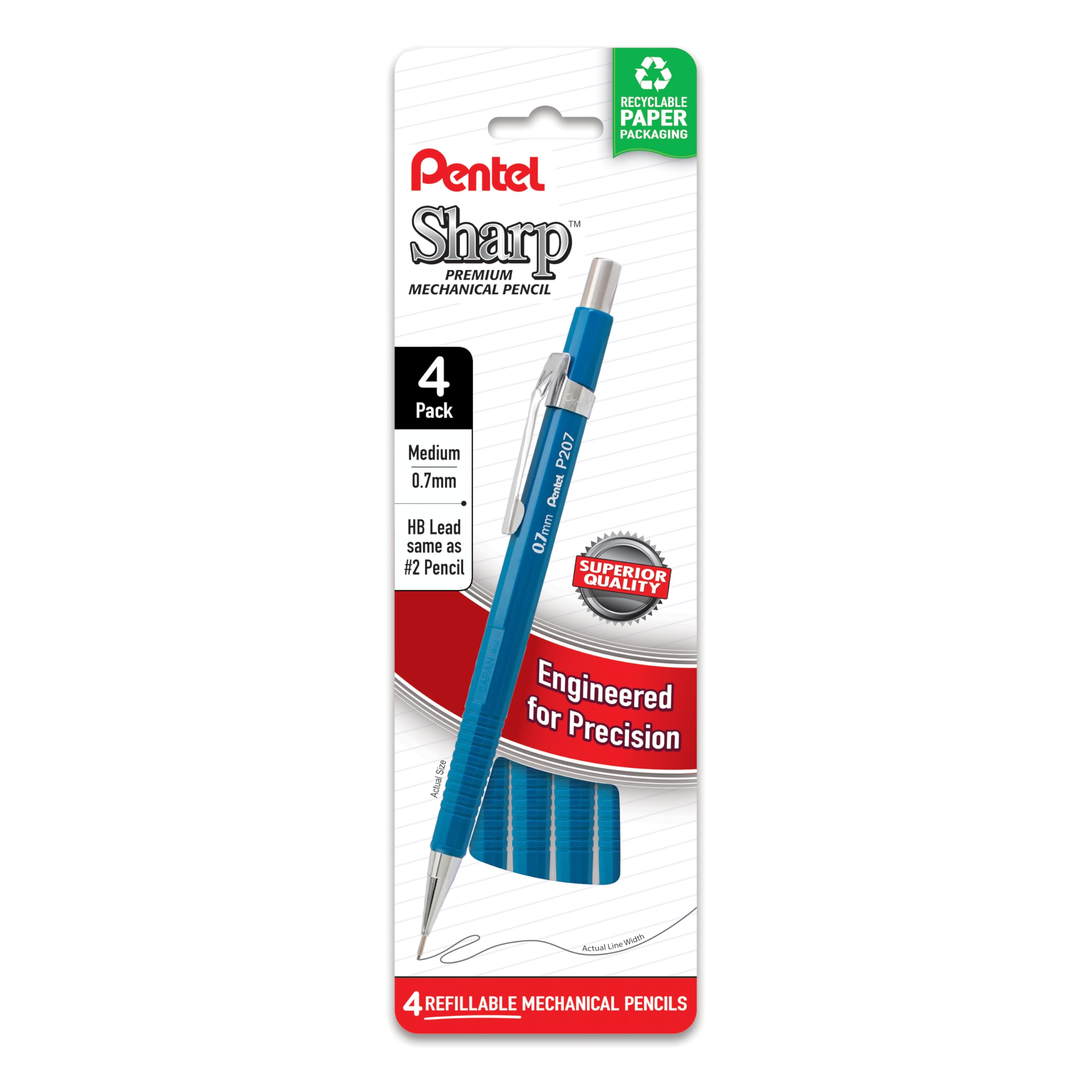 Pentel Sharp pack de cuatro vista frontal mostrando diseño y color azul, ideal para oficina