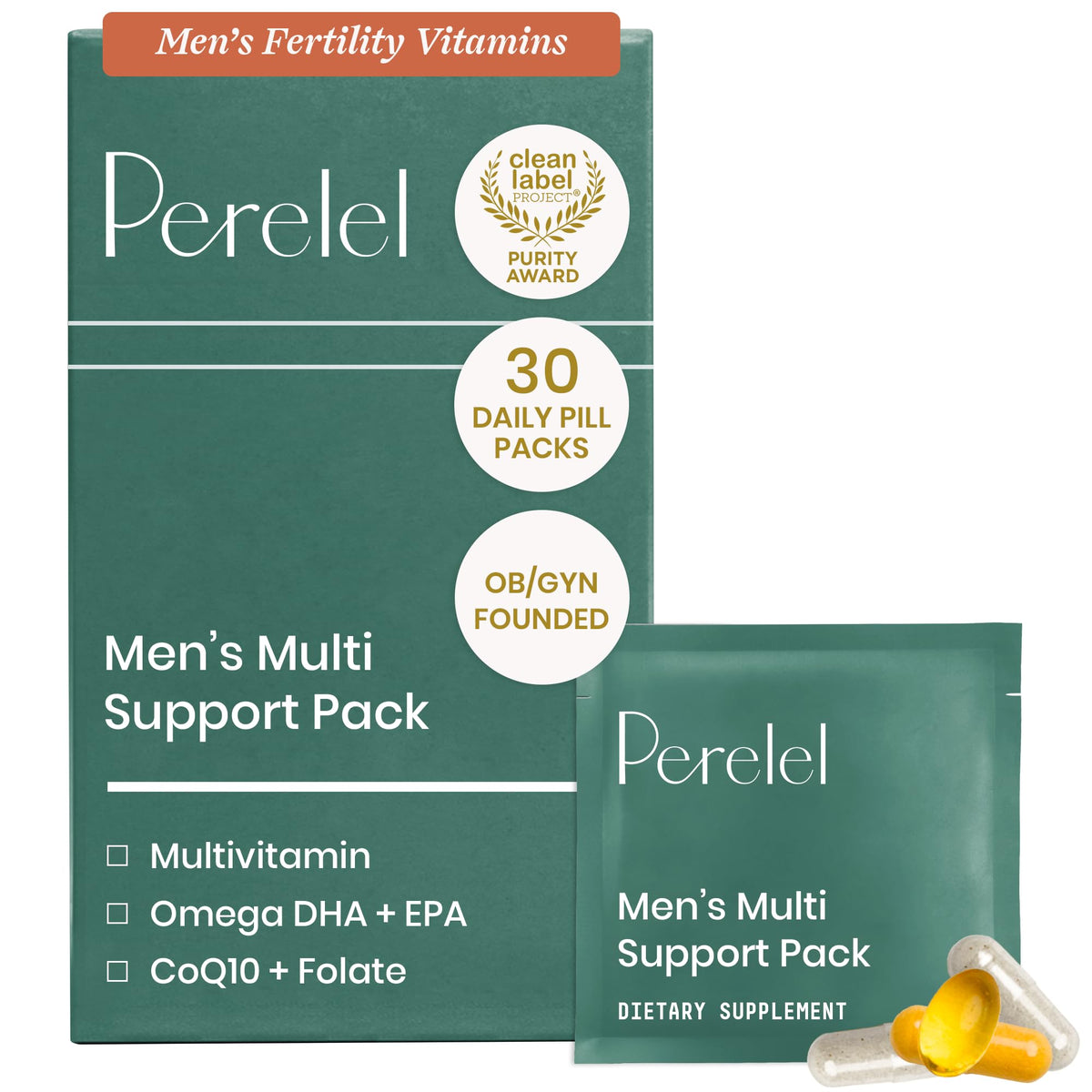 Perelel pack diario frente mostrando sobres y cápsulas para ahorro de tiempo