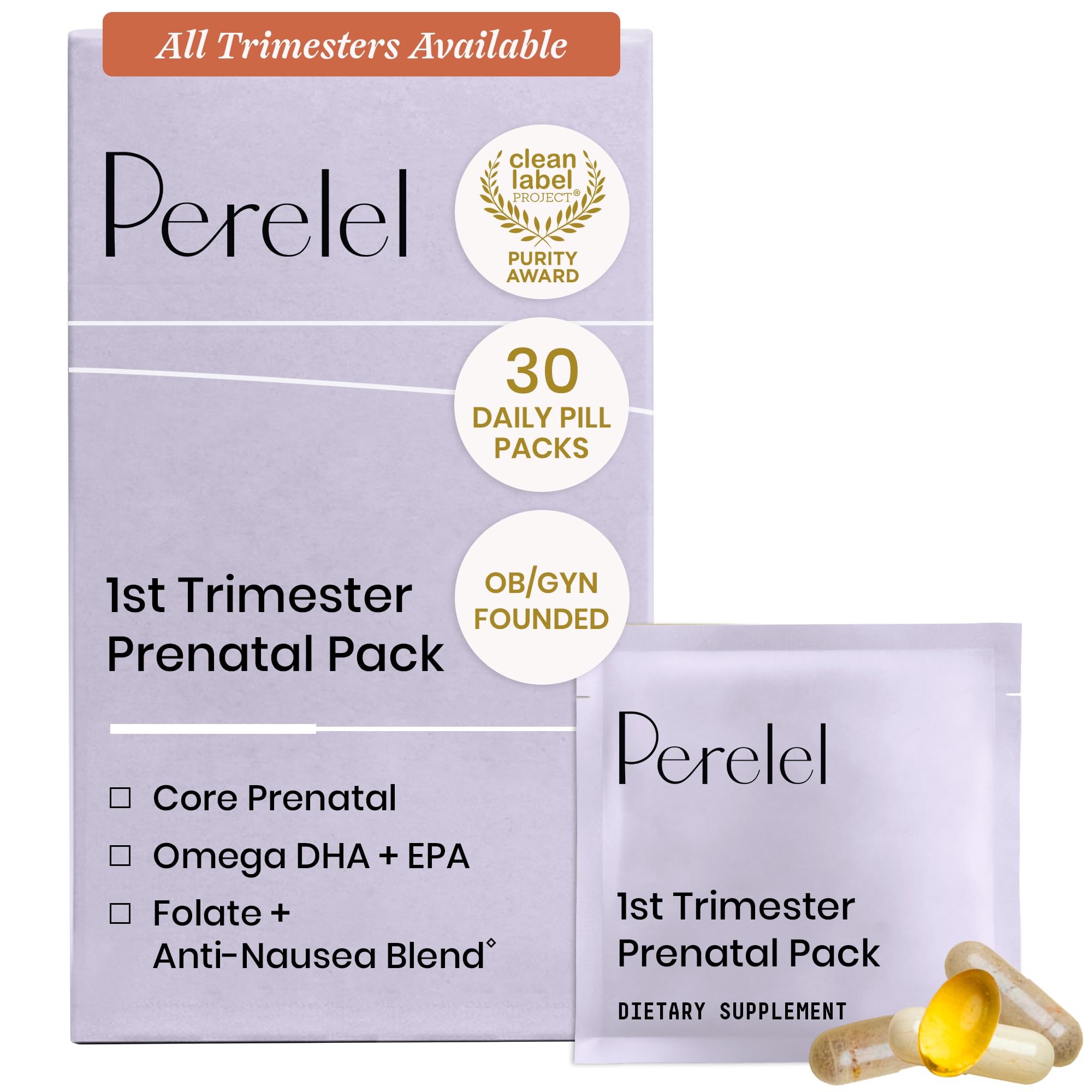 Perelel frontal del embalaje mostrando el pack prenatal y conveniencia