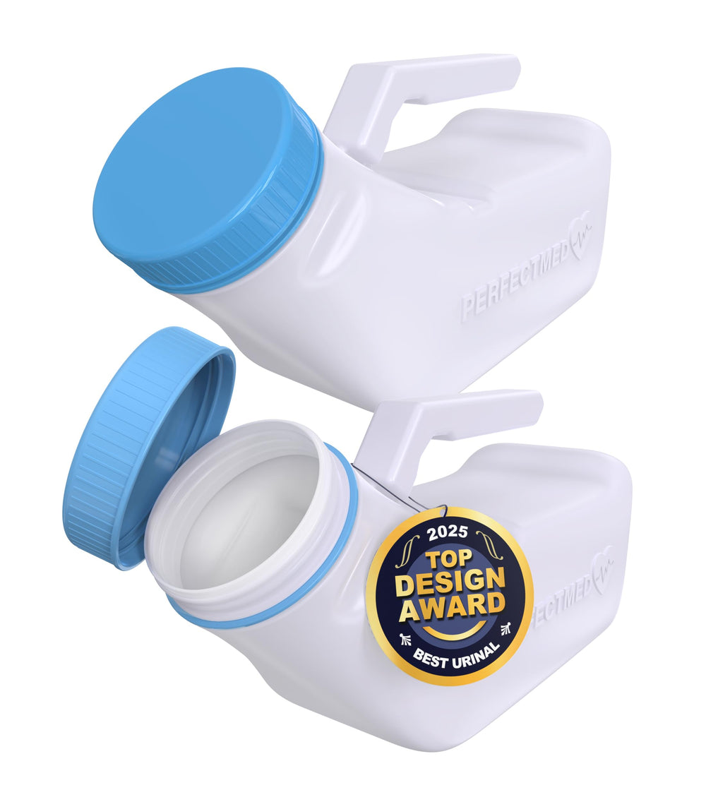 PerfectMed urinario frontal mostrando el perfil estable y la tapa antiderrame
