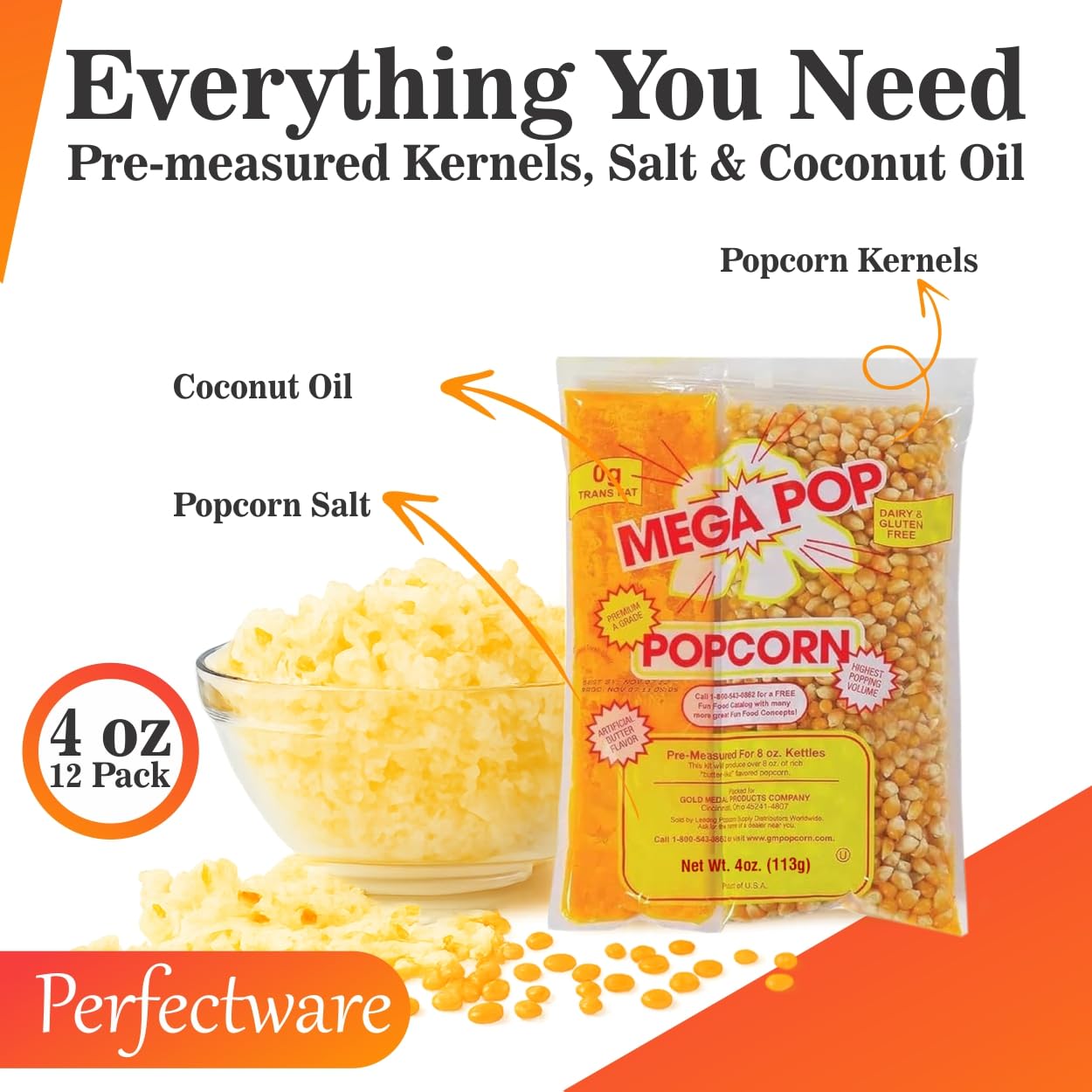 Perfectware open packet with kernels oil and salt visible for quick prep benefit