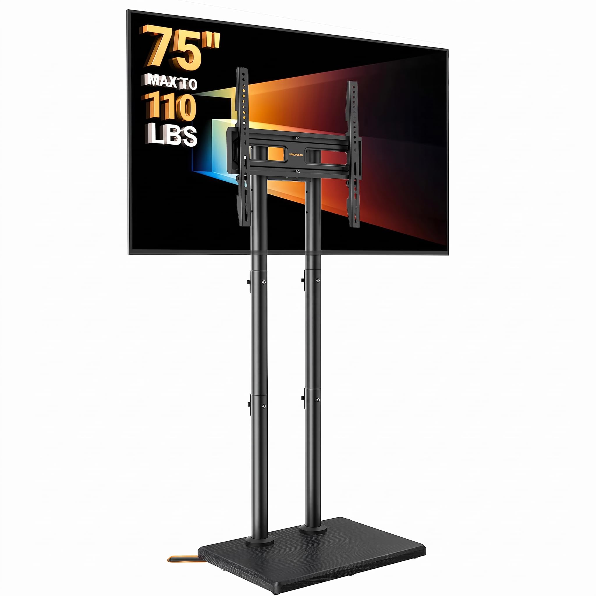 Perlegear soporte frontal con TV montada mostrando estabilidad y estilo