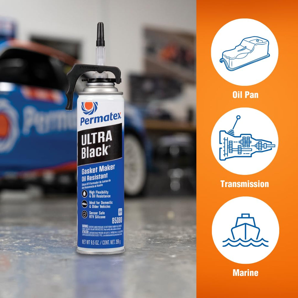 Permatex Ultra Black comparación de tamaño 9.5 oz para referencia de escala