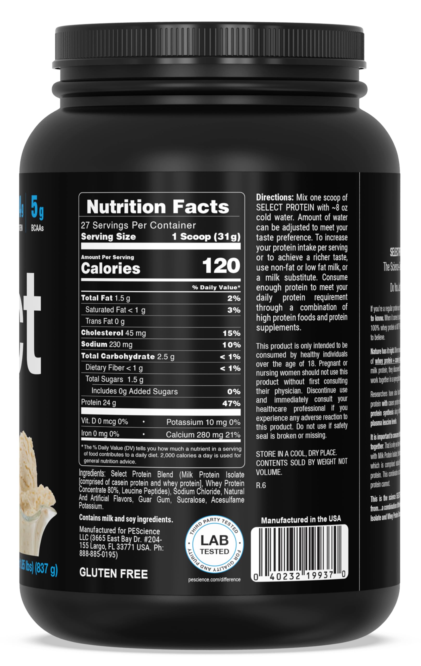 Cucharada de polvo PEScience Select destacando la calidad del aislado de proteína de leche