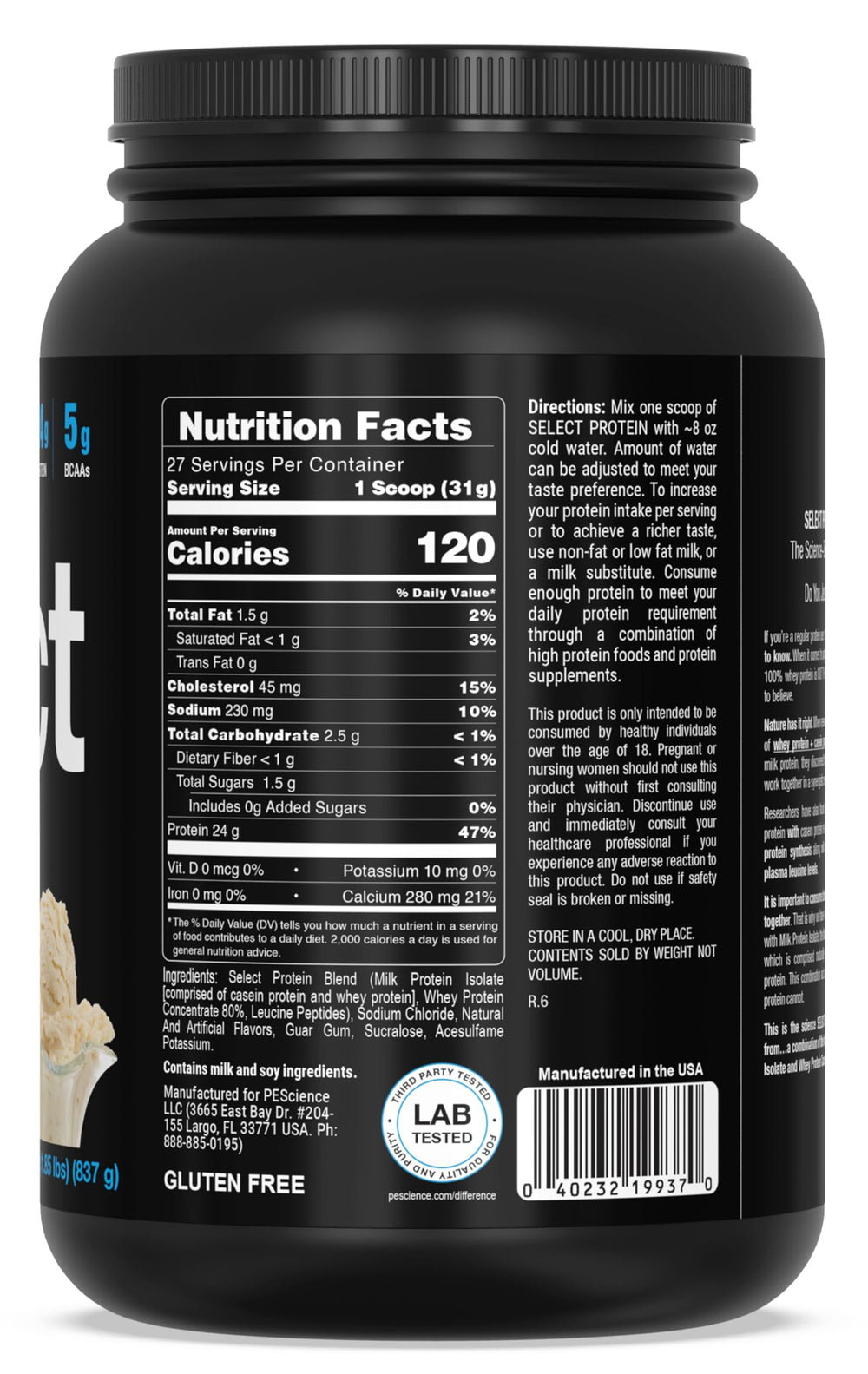 Cucharada de polvo PEScience Select destacando la calidad del aislado de proteína de leche