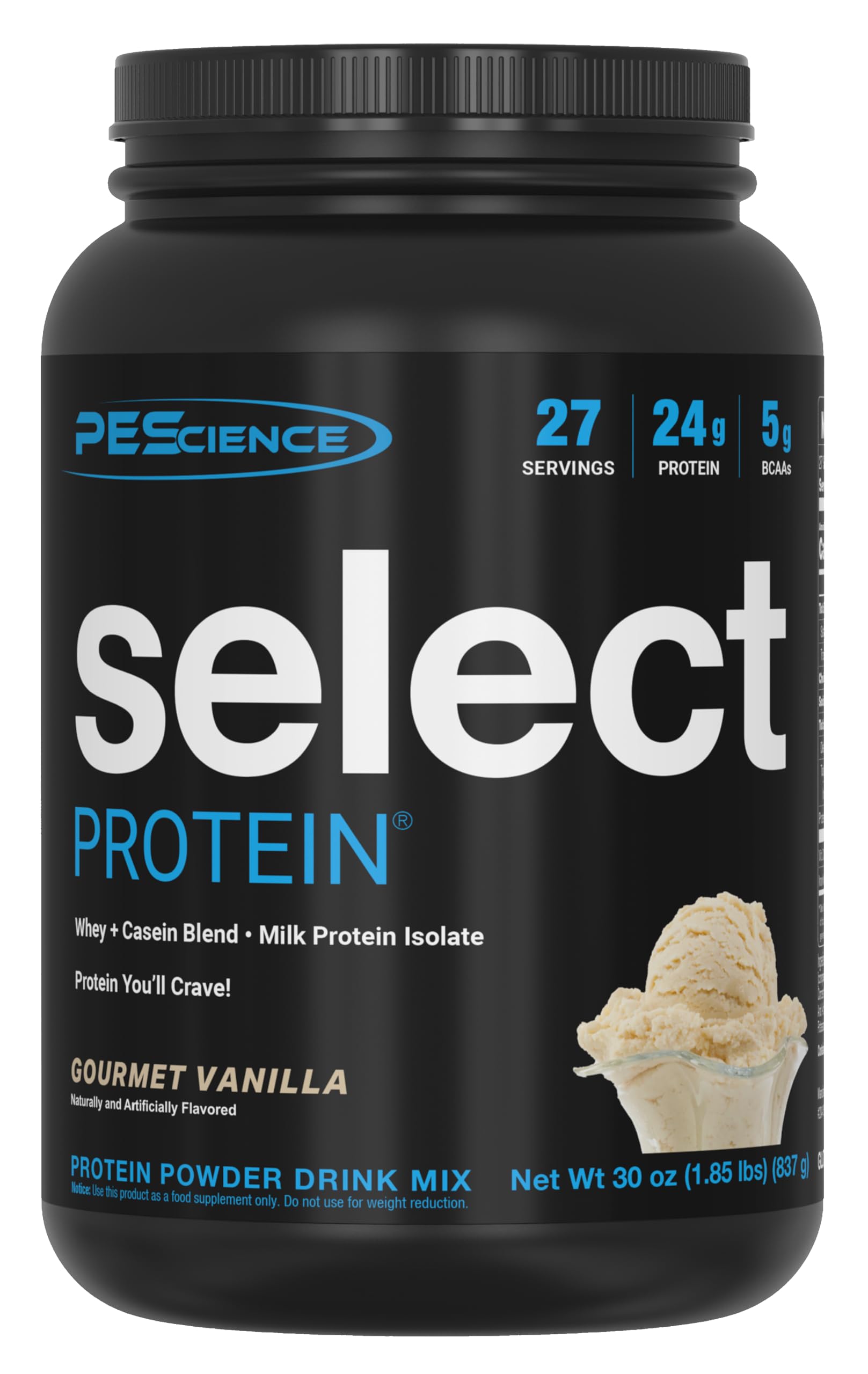 PEScience envase frontal de Select Protein con sabor Gourmet Vanilla y ventaja de sabor premium