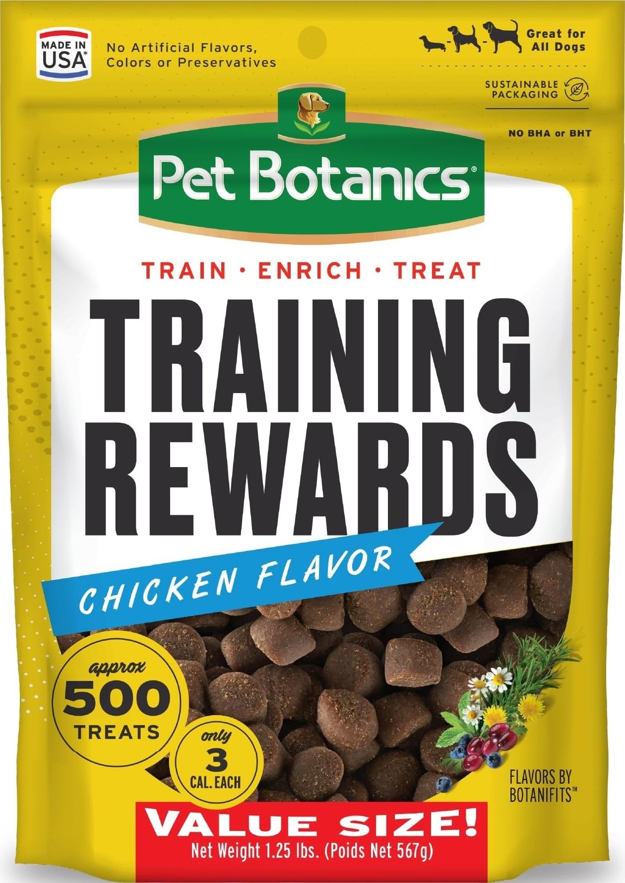 Pet Botanics bolsa frontal mostrando cantidad y tamaño, fácil identificación