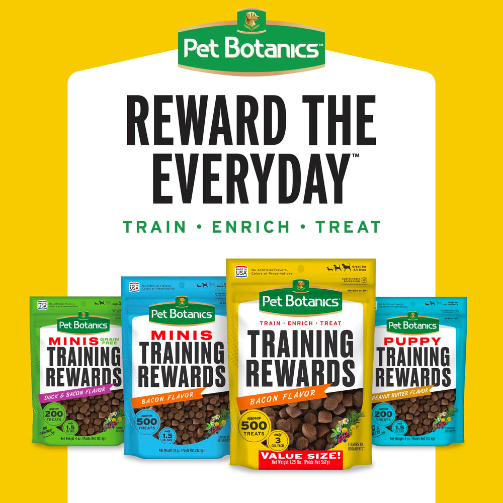 Pet Botanics bolsa abierta mostrando golosinas, fácil acceso y dosificación