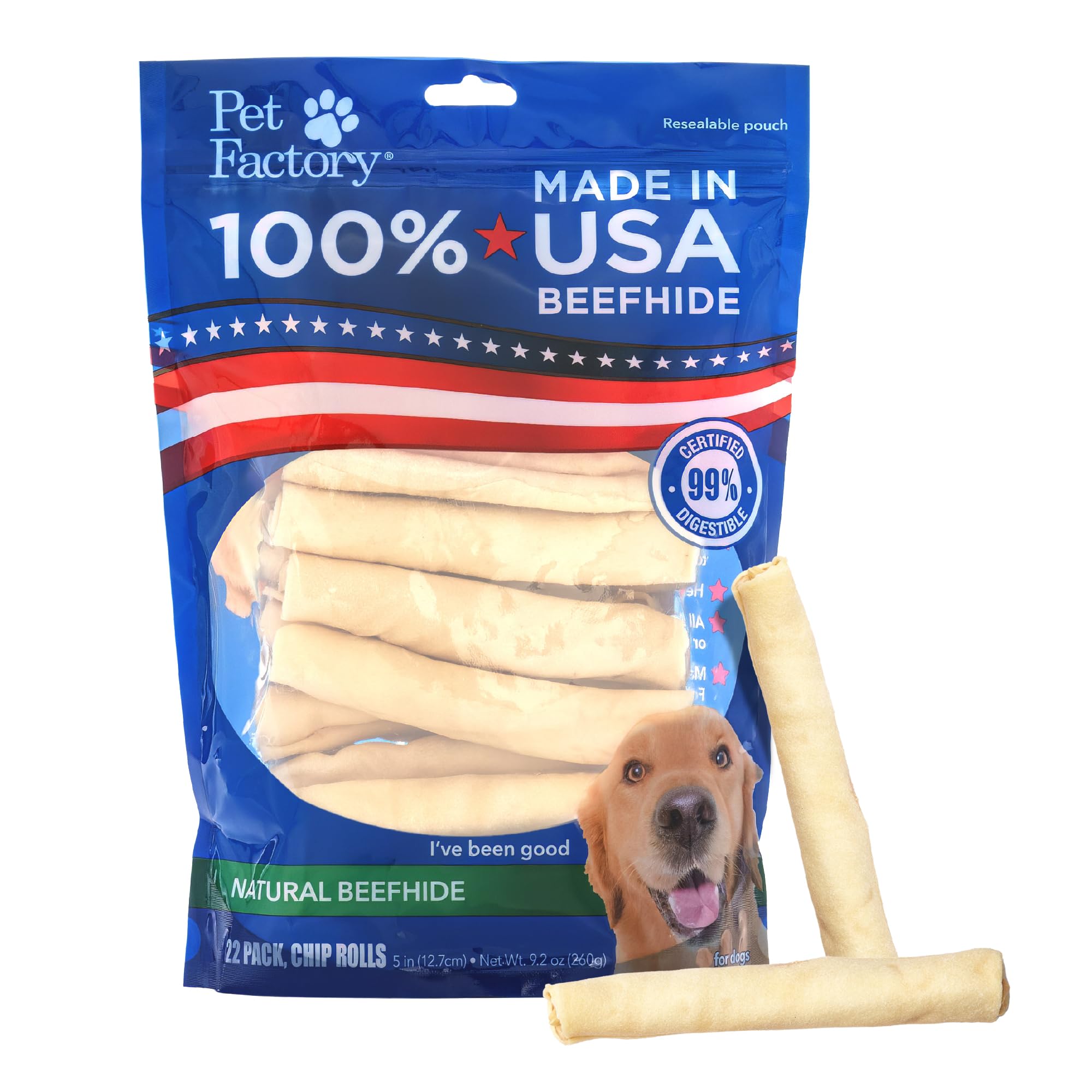 Pet Factory empaque frontal mostrando pack de 22 rollos, seguridad y origen USA