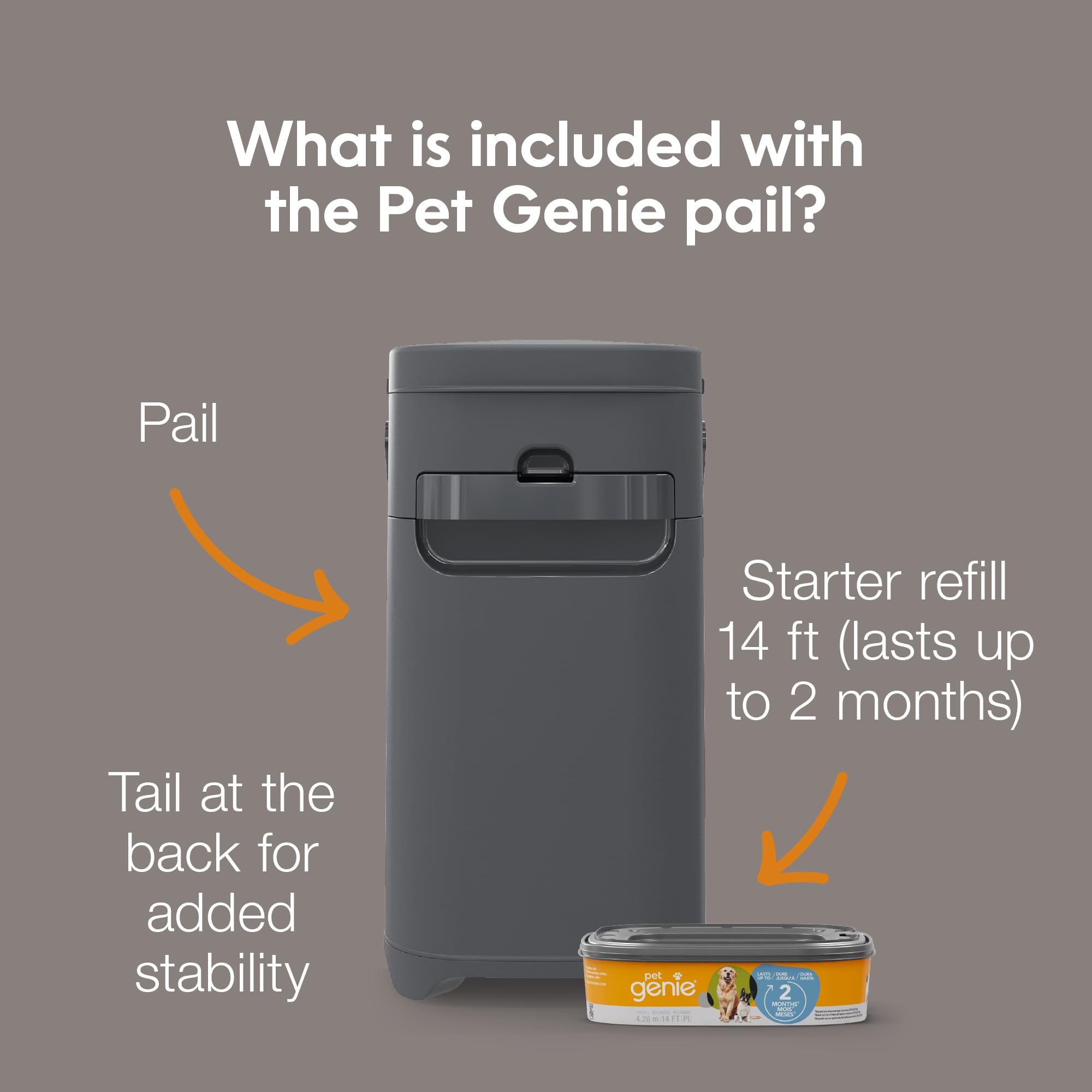 Pet Genie pail comparación de tamaño con objeto cotidiano para escala