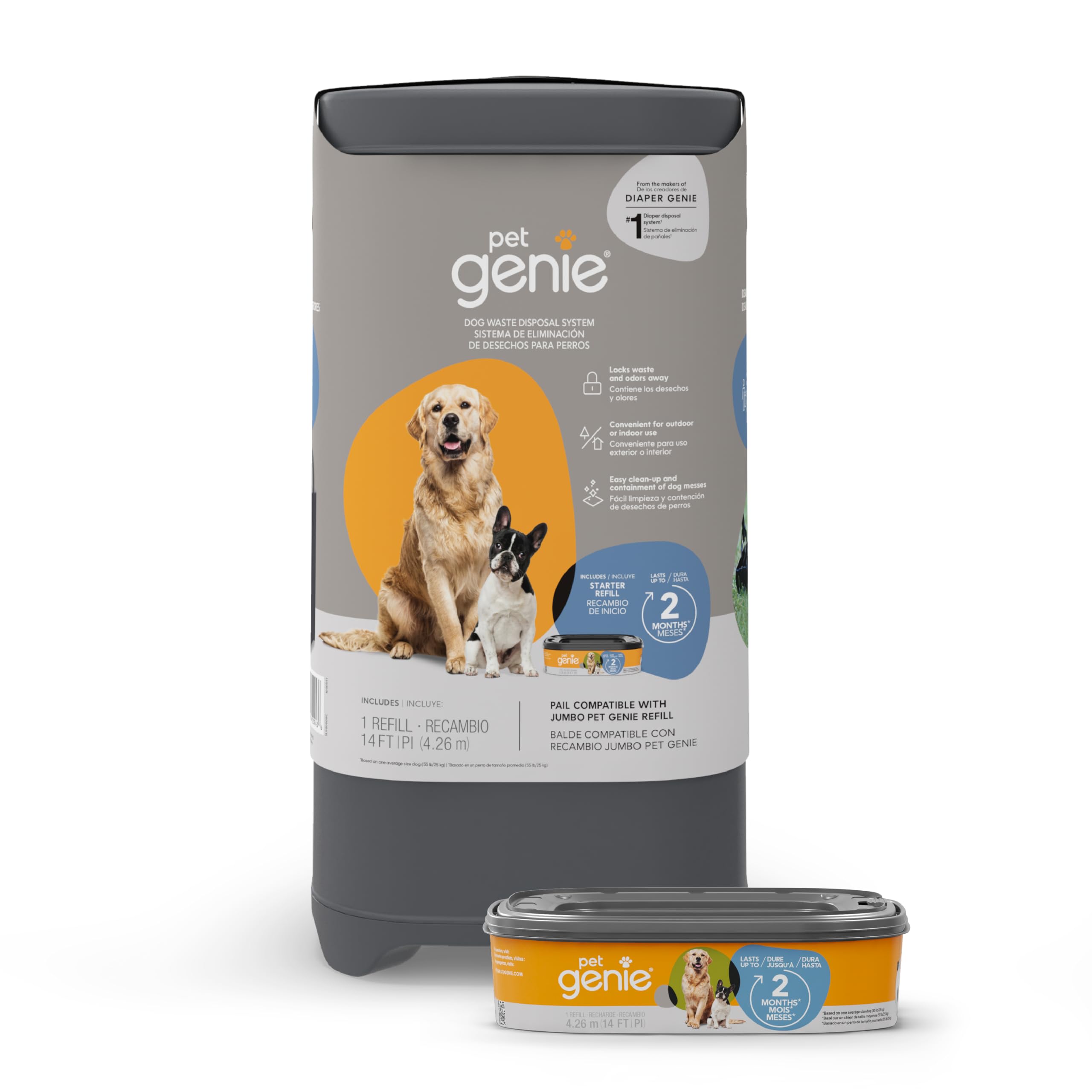 Pet Genie pail vista frontal mostrando diseño portátil y cierre eficaz
