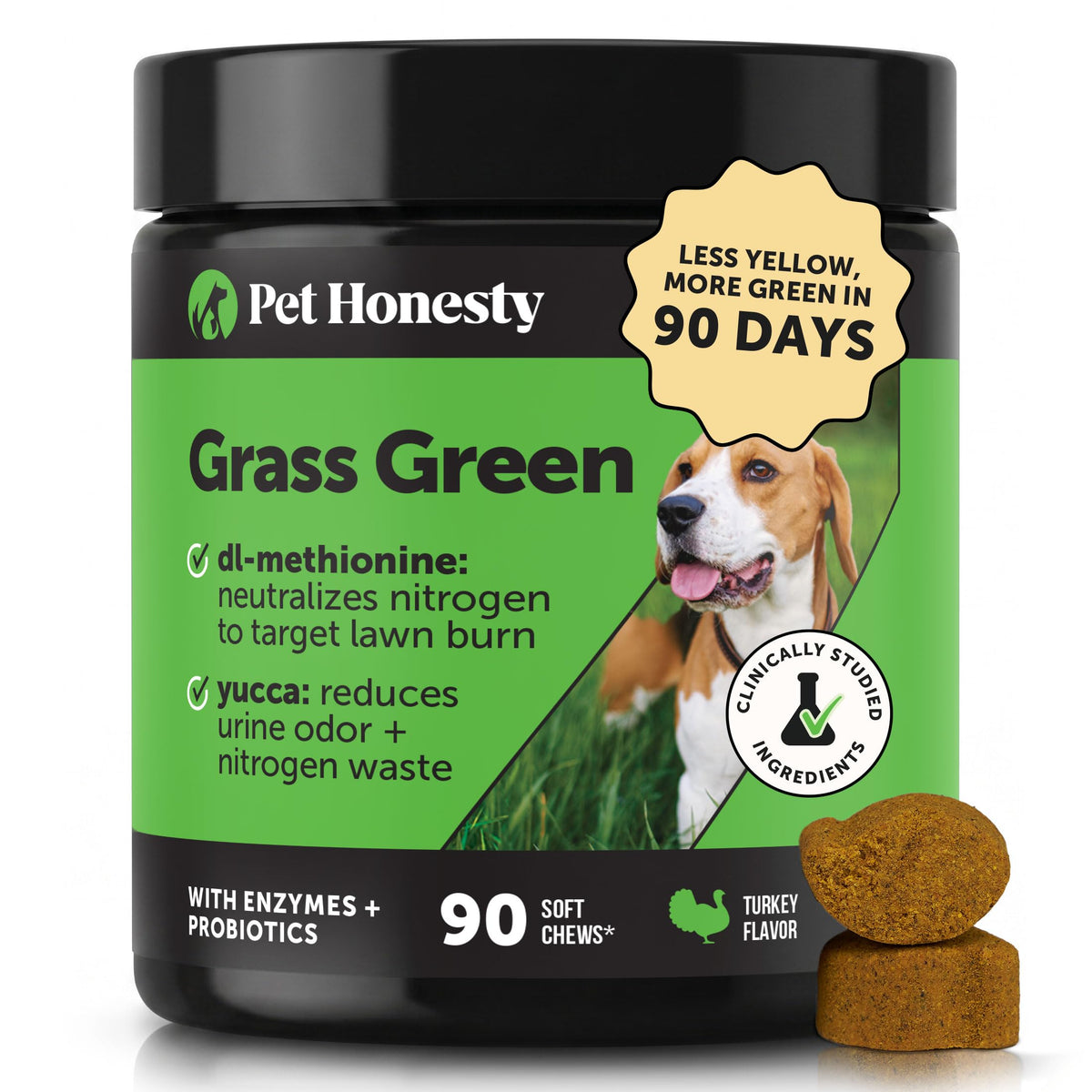 Pet Honesty envase frontal que muestra protector de césped y ventaja visual