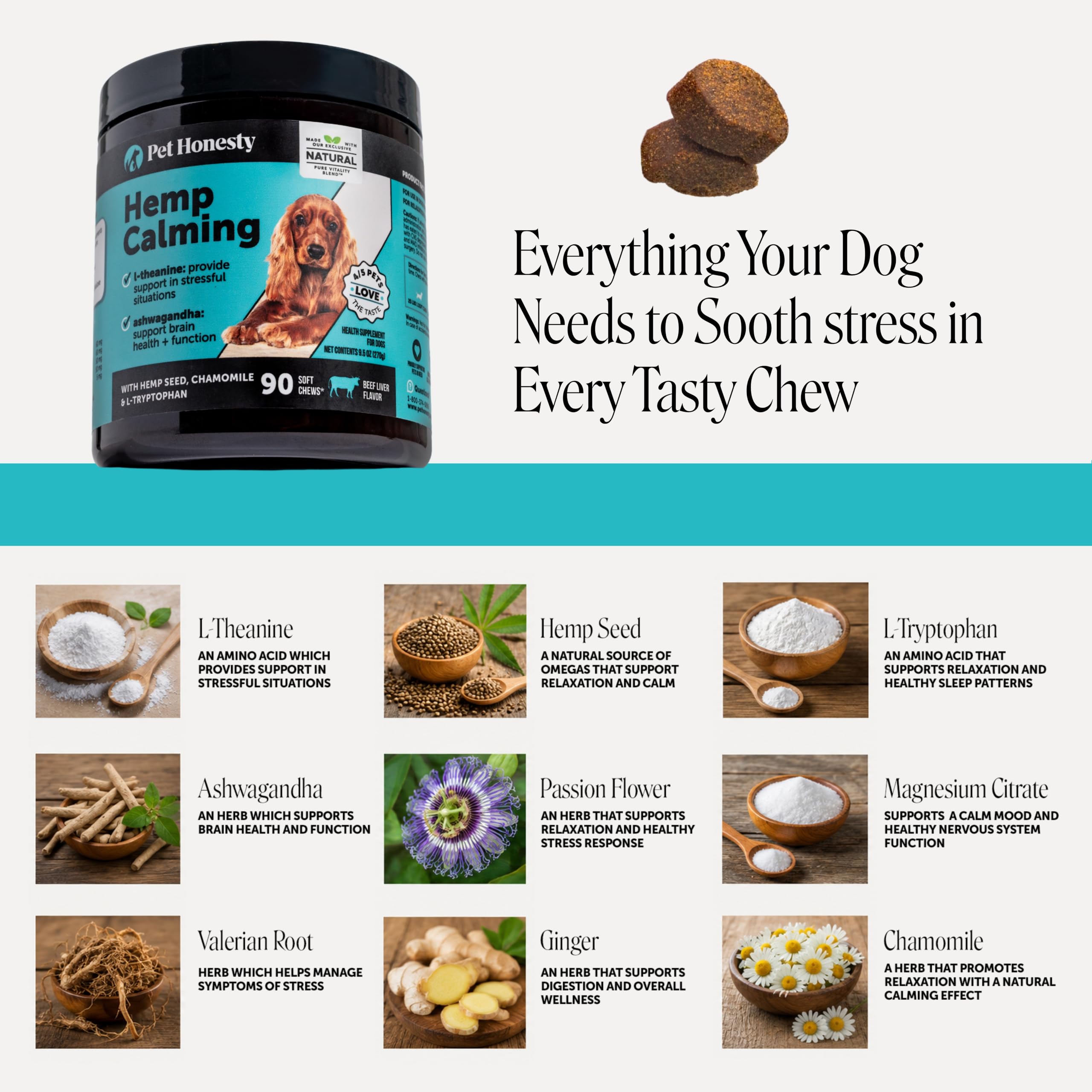 Perro aceptando Pet Honesty calm chews, marca y beneficio de aceptación fácil