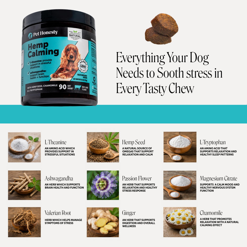 Perro aceptando Pet Honesty calm chews, marca y beneficio de aceptación fácil