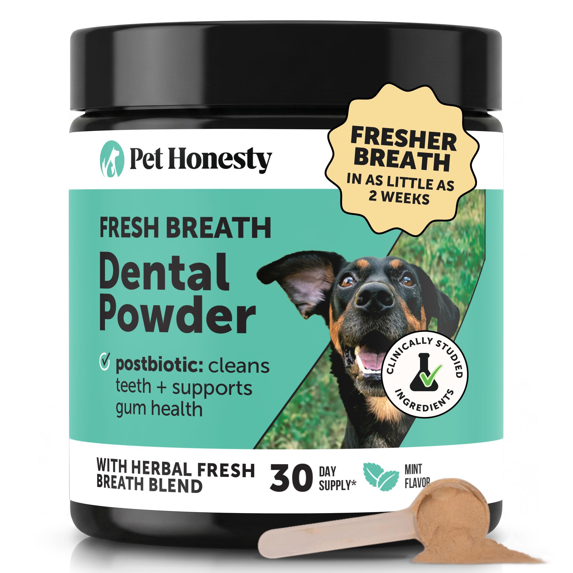 Pet Honesty envase frontal mostrando 30 raciones y beneficios dentales