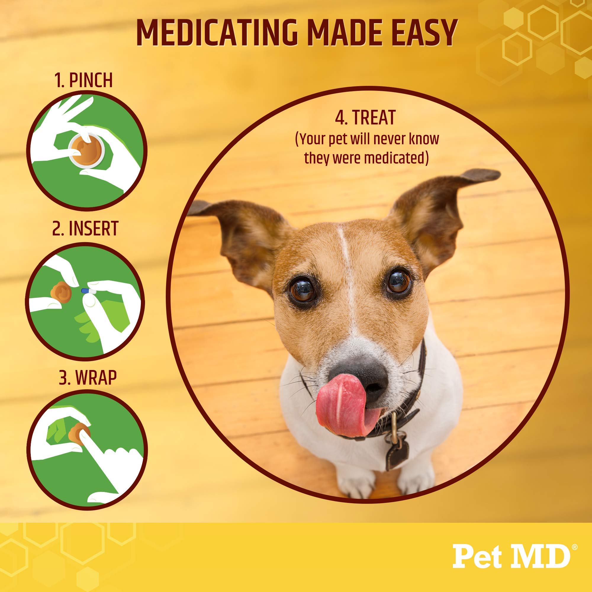 Pet MD comparación de tamaño del envase 4.2 oz junto a una mano para escala