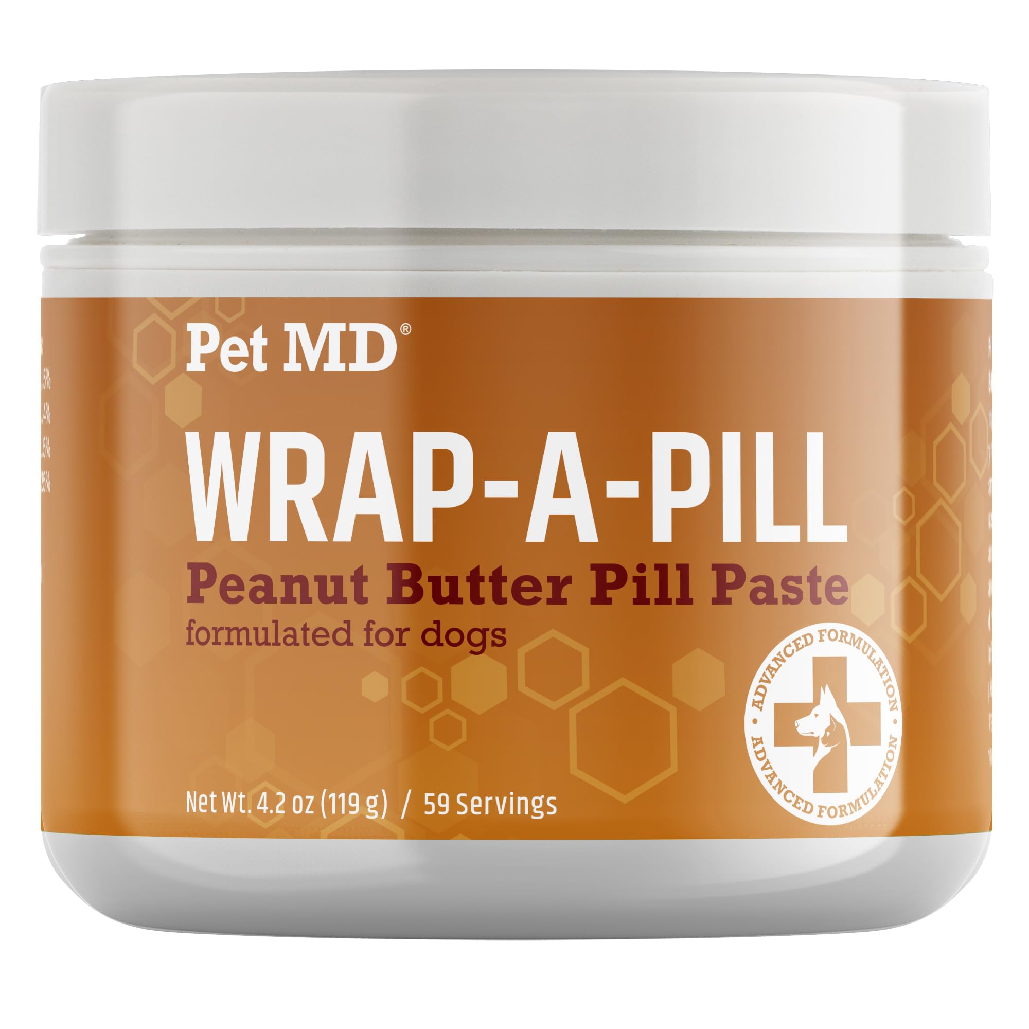Pet MD envase frontal 4.2 oz mostrando sabor mantequilla de maní y uso fácil