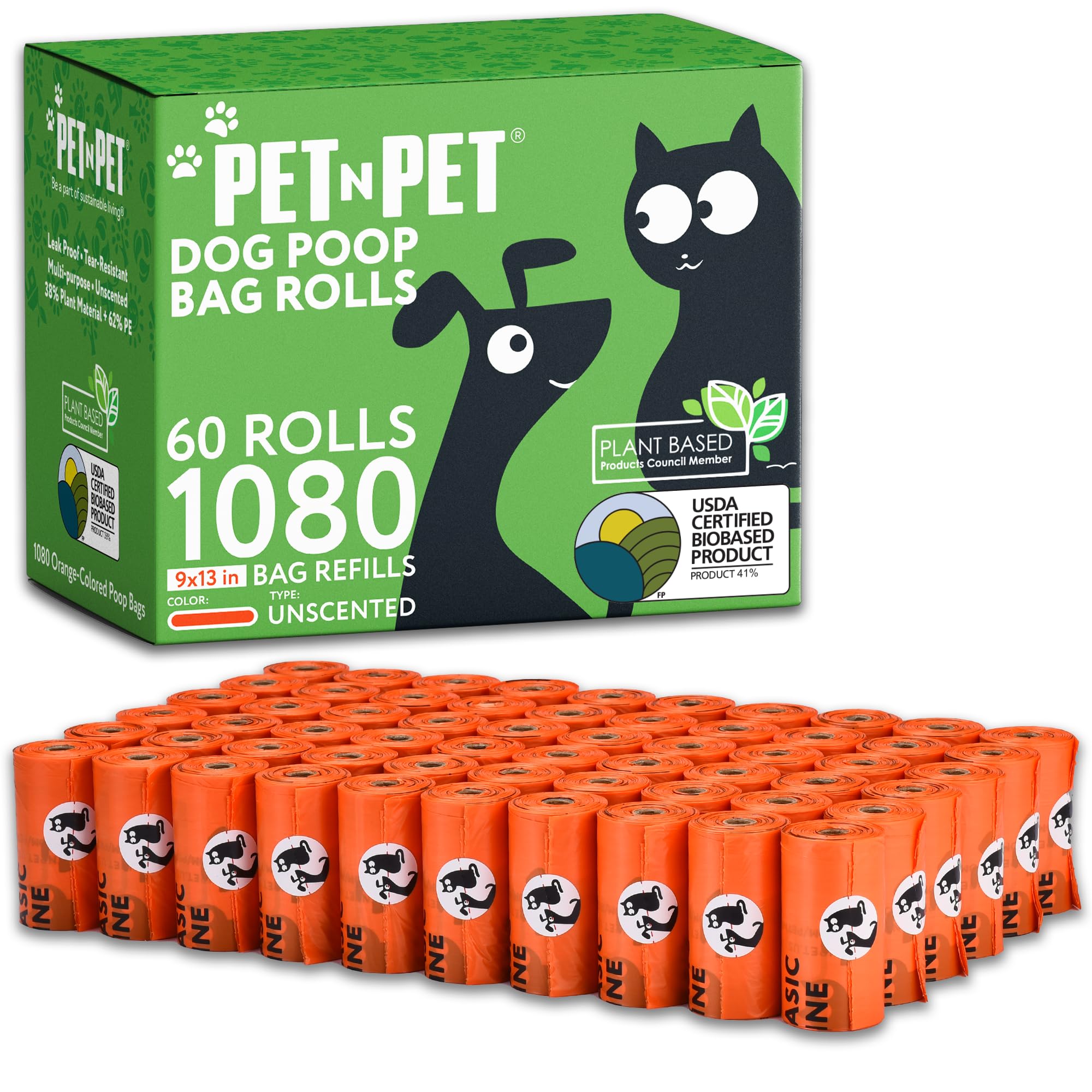 PET N PET front packaging showing 1080-count bulk orange rolls and savings