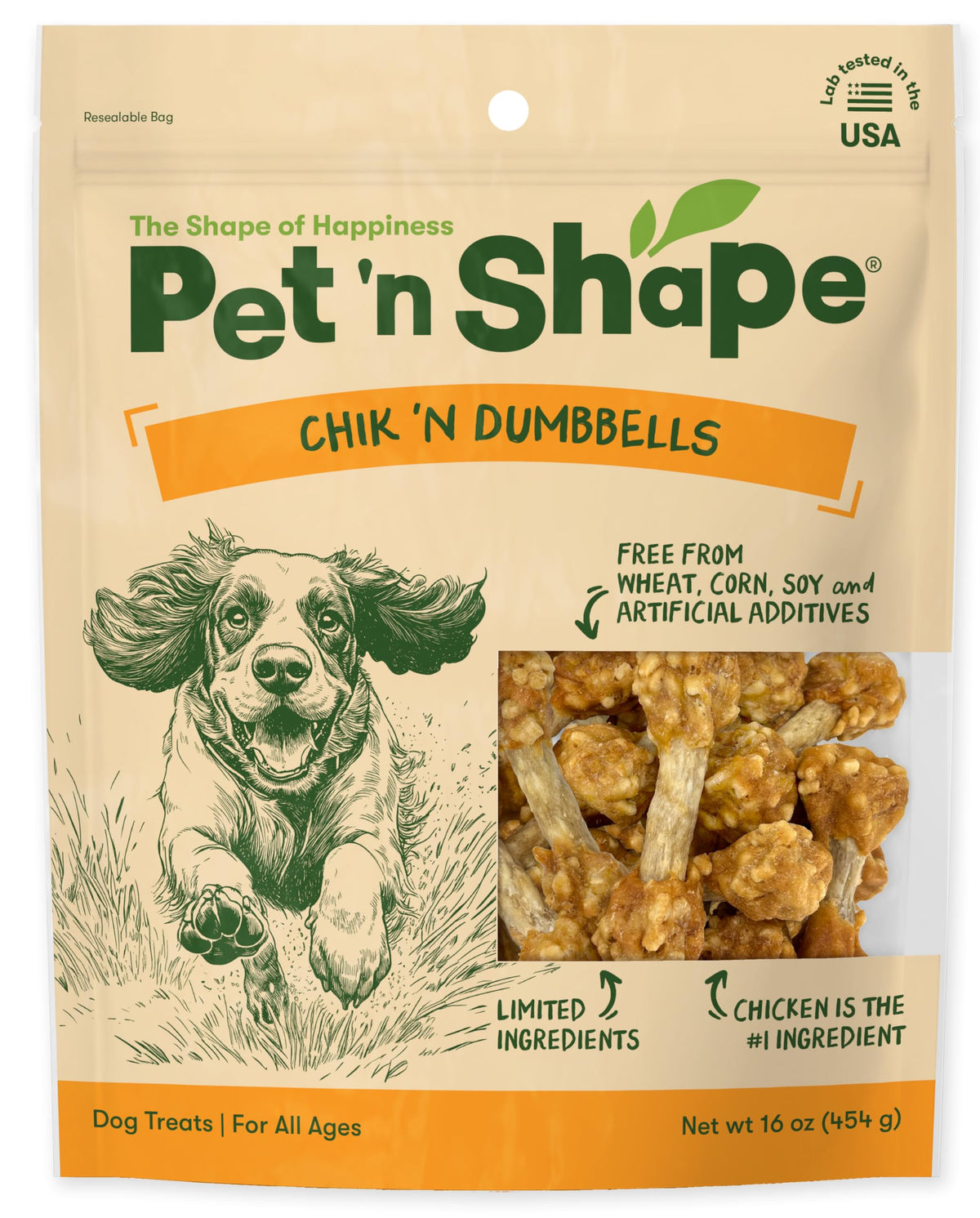 Pet 'n Shape frente del paquete mostrando formato resealable y beneficio frescura