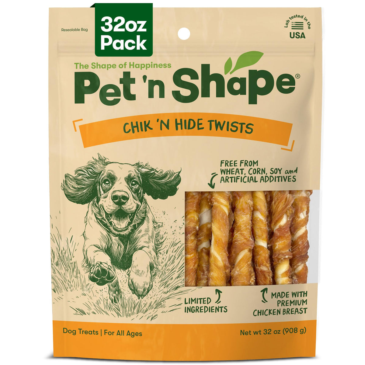 Pet 'n Shape paquete frontal mostrando golosinas y beneficios de sabor