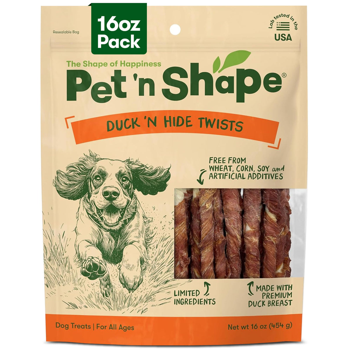 Pet 'n Shape empaque frontal mostrando golosinas y cierre resellable