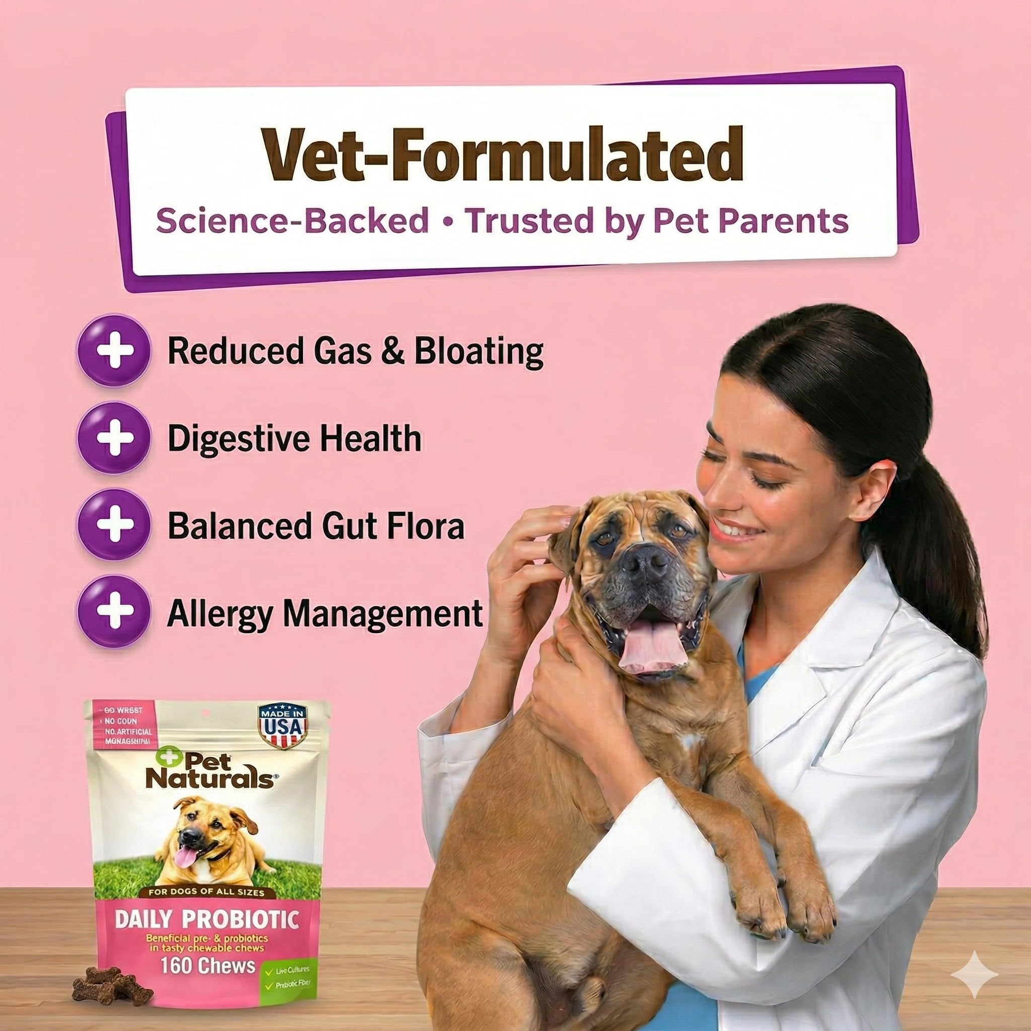 Pet Naturals masticable en mano para comparar tamaño, dosificación fácil por peso